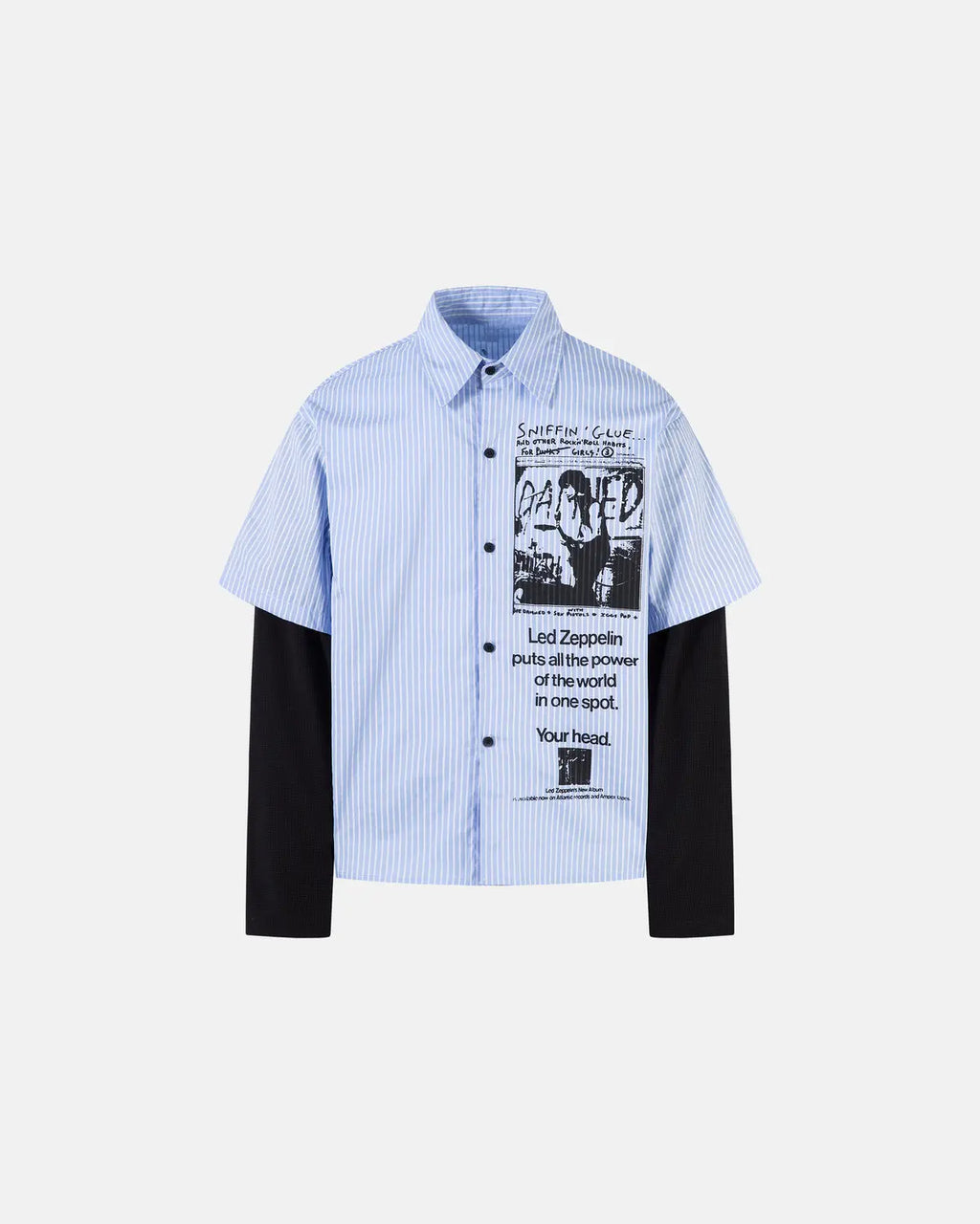 Inflation Streetwear striped graphic layered long-sleeve T-shirt with bold horizontal stripes and graphic design on front.