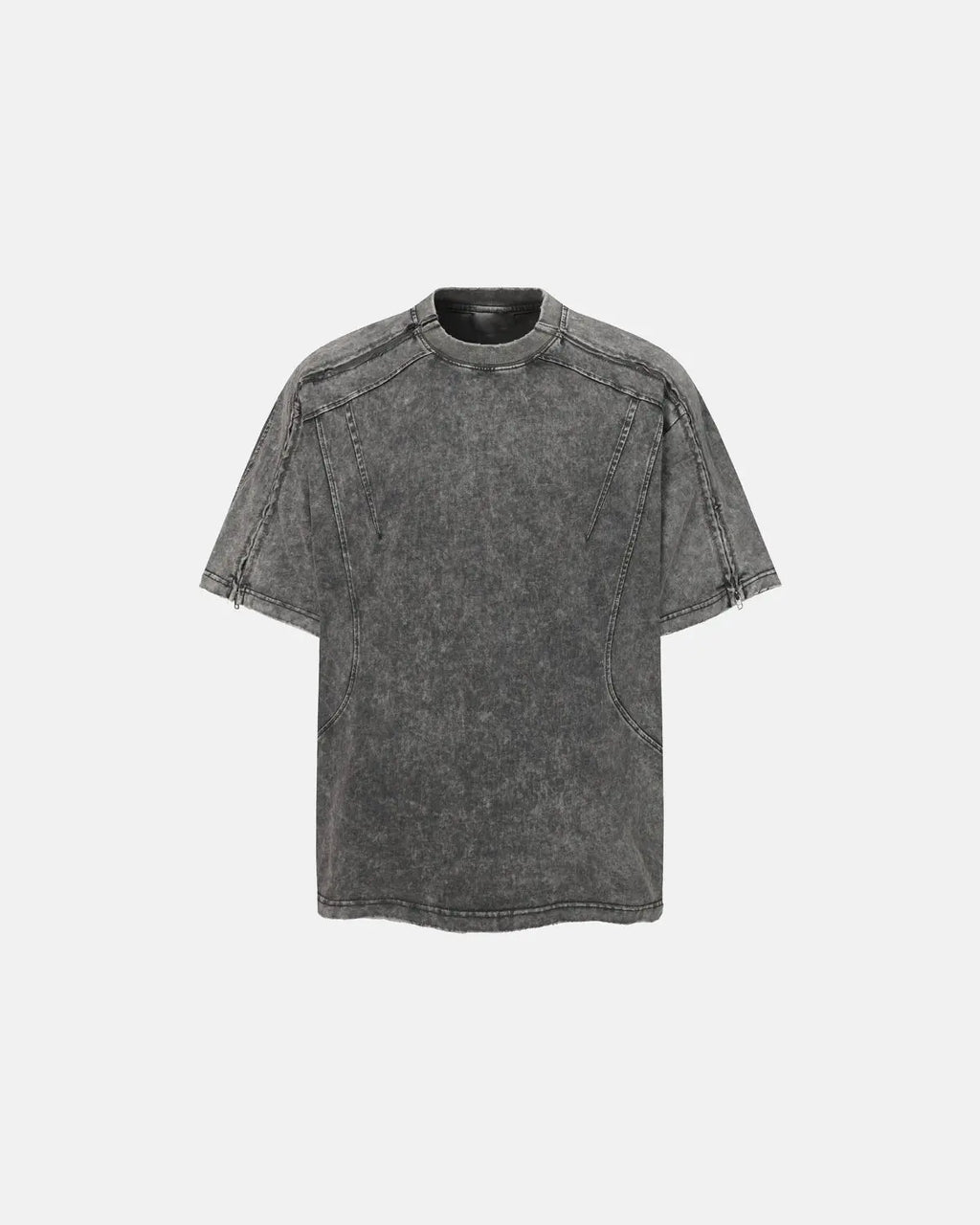 Distressed washed zip sleeve T-shirt by INFLATION featuring a casual streetwear design with a zip detail on the sleeves.