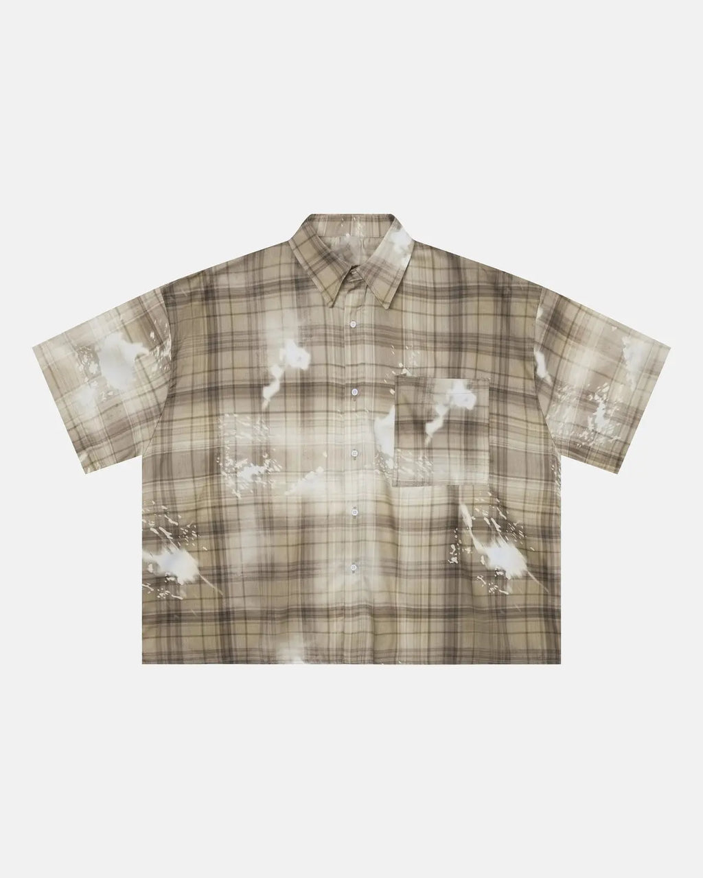 Inflation Streetwear boxy Tencel washed plaid print shirt displayed on a hanger, showcasing its relaxed fit and stylish pattern.