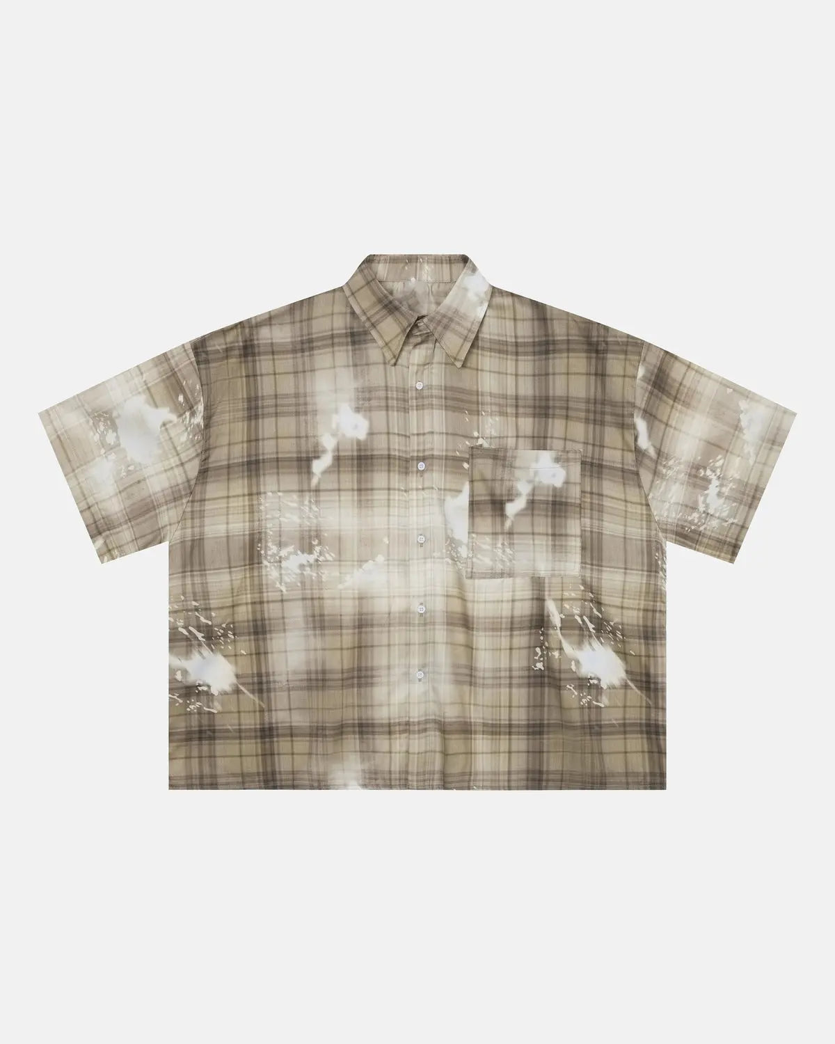 Inflation Streetwear boxy Tencel washed plaid print shirt displayed on a hanger, showcasing its relaxed fit and stylish pattern.