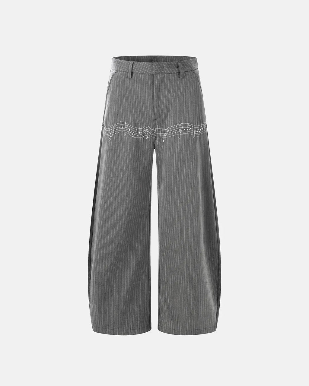 Pinstripe cinch back tailored pants by INFLATION, featuring a sleek fit and stylish design, perfect for modern streetwear.