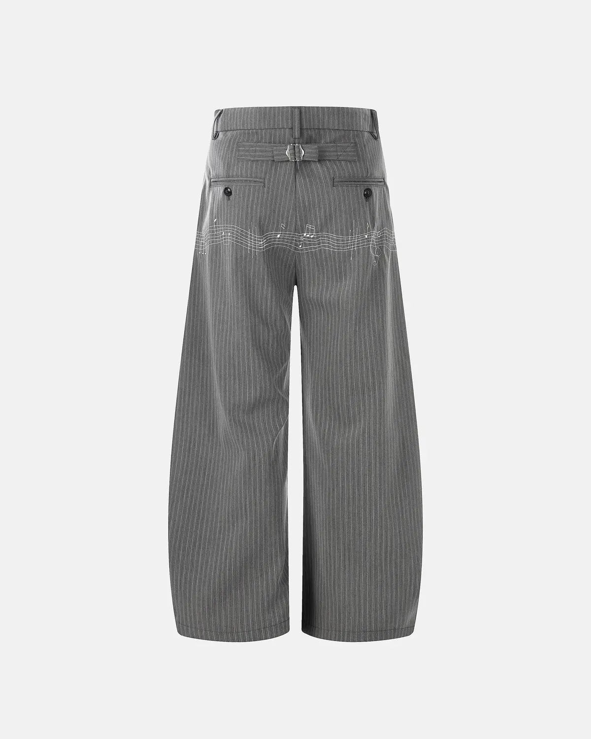 Inflation Streetwear pinstripe cinch back tailored pants with high waist, featuring a slim fit and stylish design.