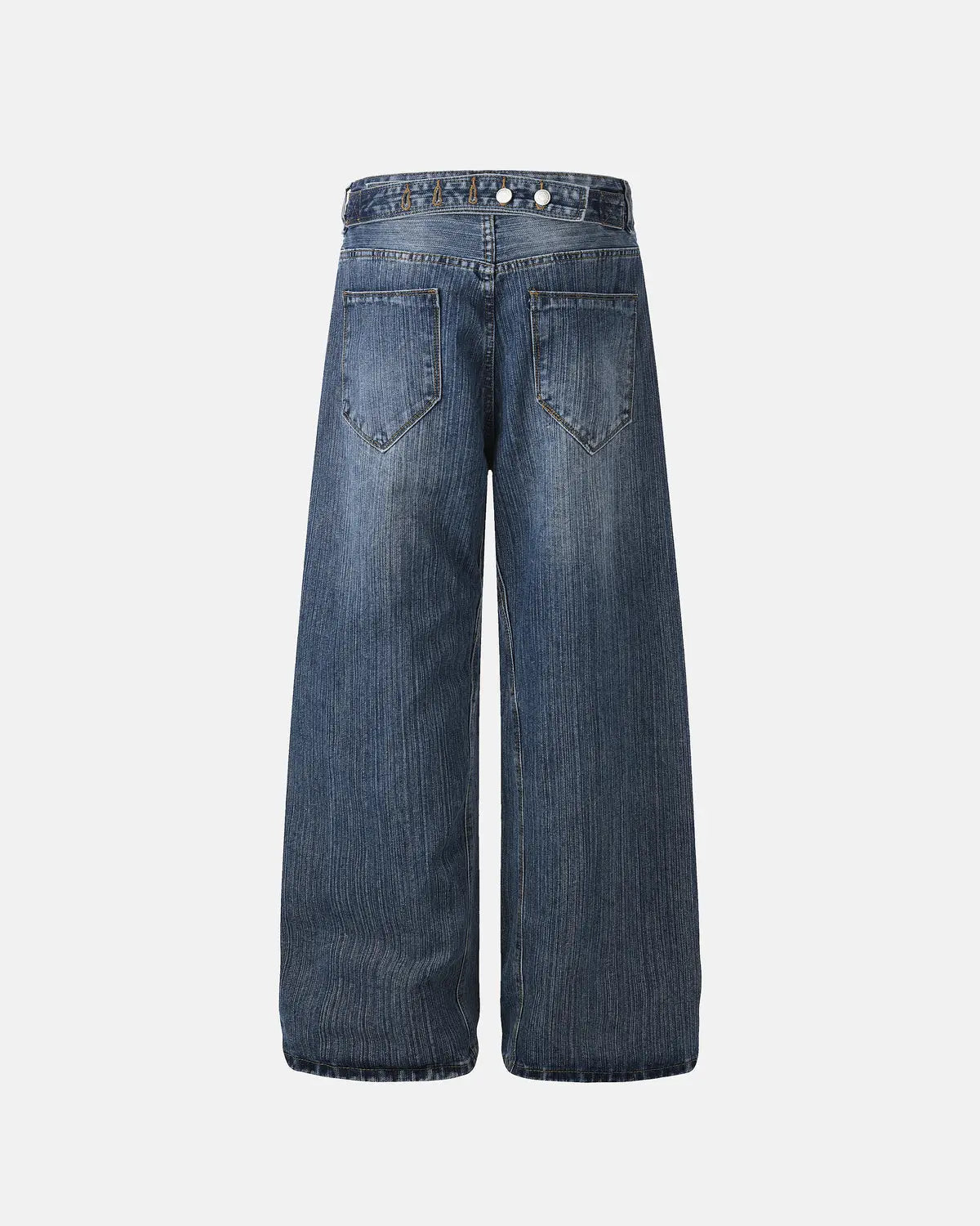 Adjustable waist bamboo weave baggy jeans by INFLATION with relaxed fit and streetwear style, shown in a natural denim color.