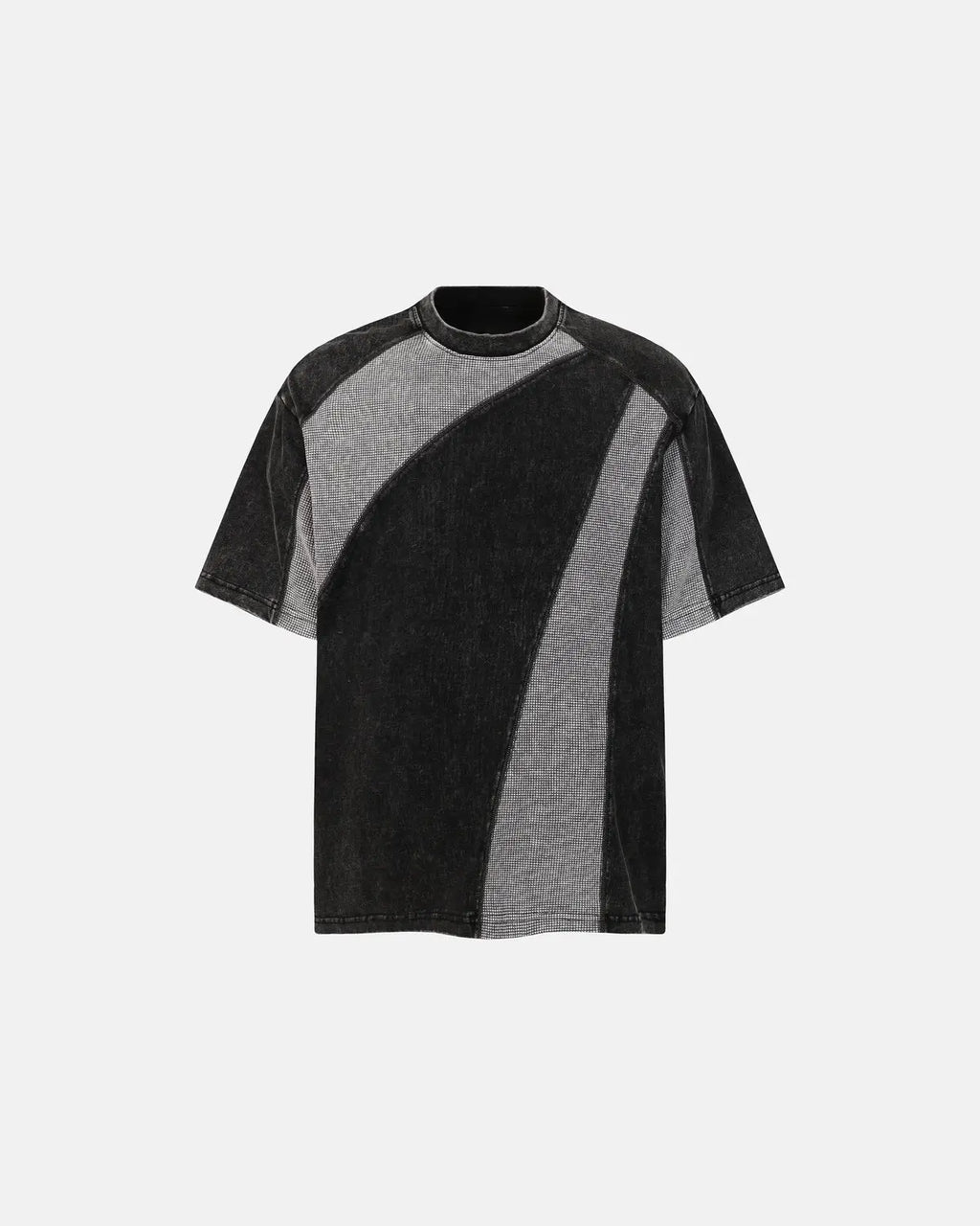 Textured patchwork washed T-shirt by Inflation Streetwear featuring mixed fabric patterns and a casual fit, shown on a model.