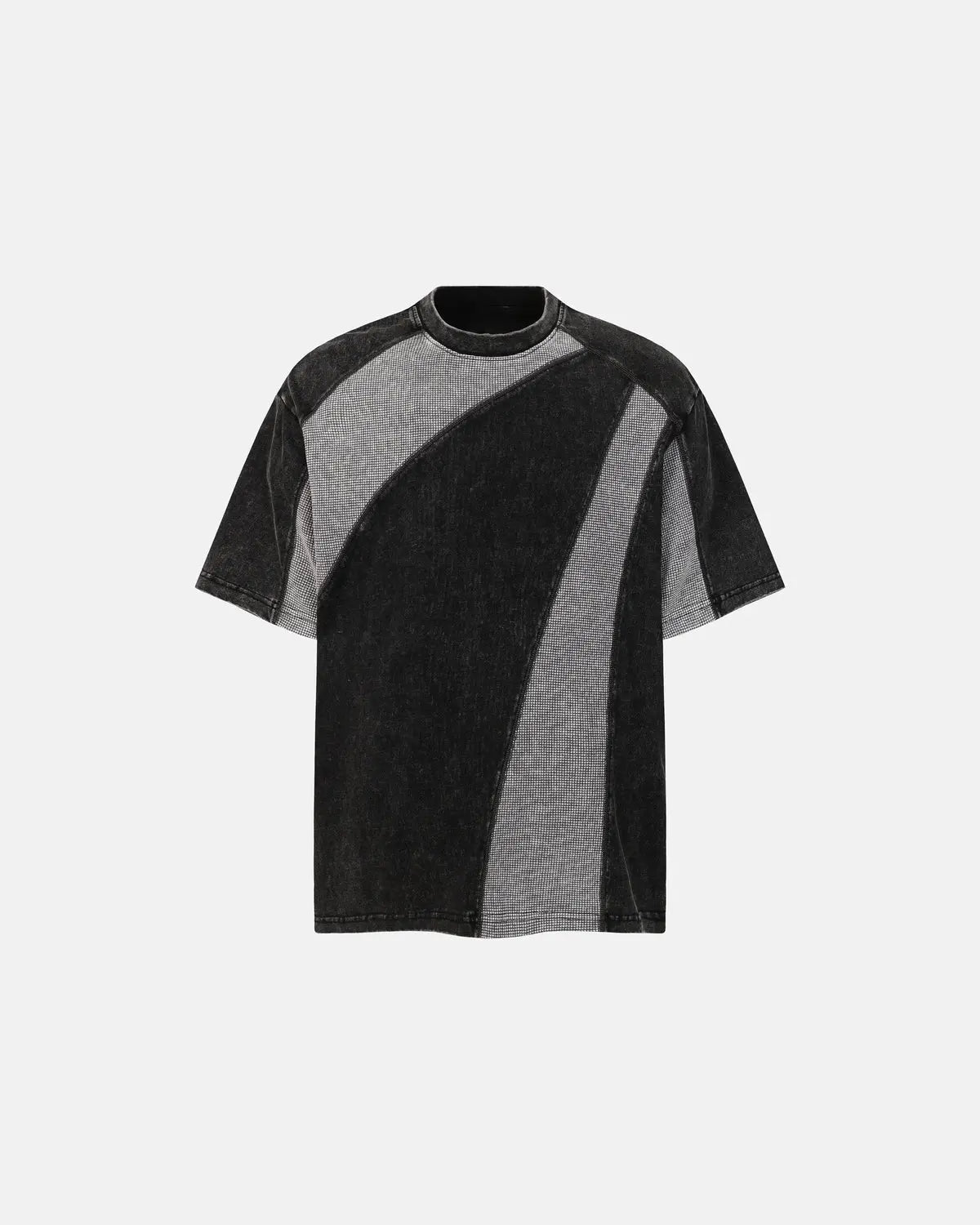 Textured patchwork washed T-shirt by Inflation Streetwear featuring mixed fabric patterns and a casual fit, shown on a model.