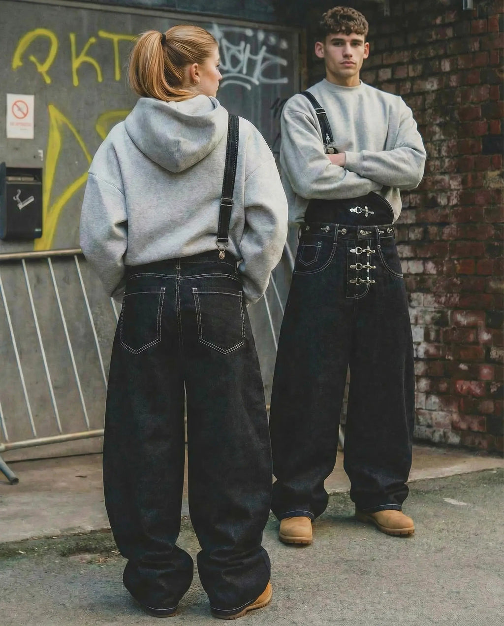 Inflation Streetwear asymmetric buckle denim overalls jeans featuring unique buckle details and a stylish, modern fit.