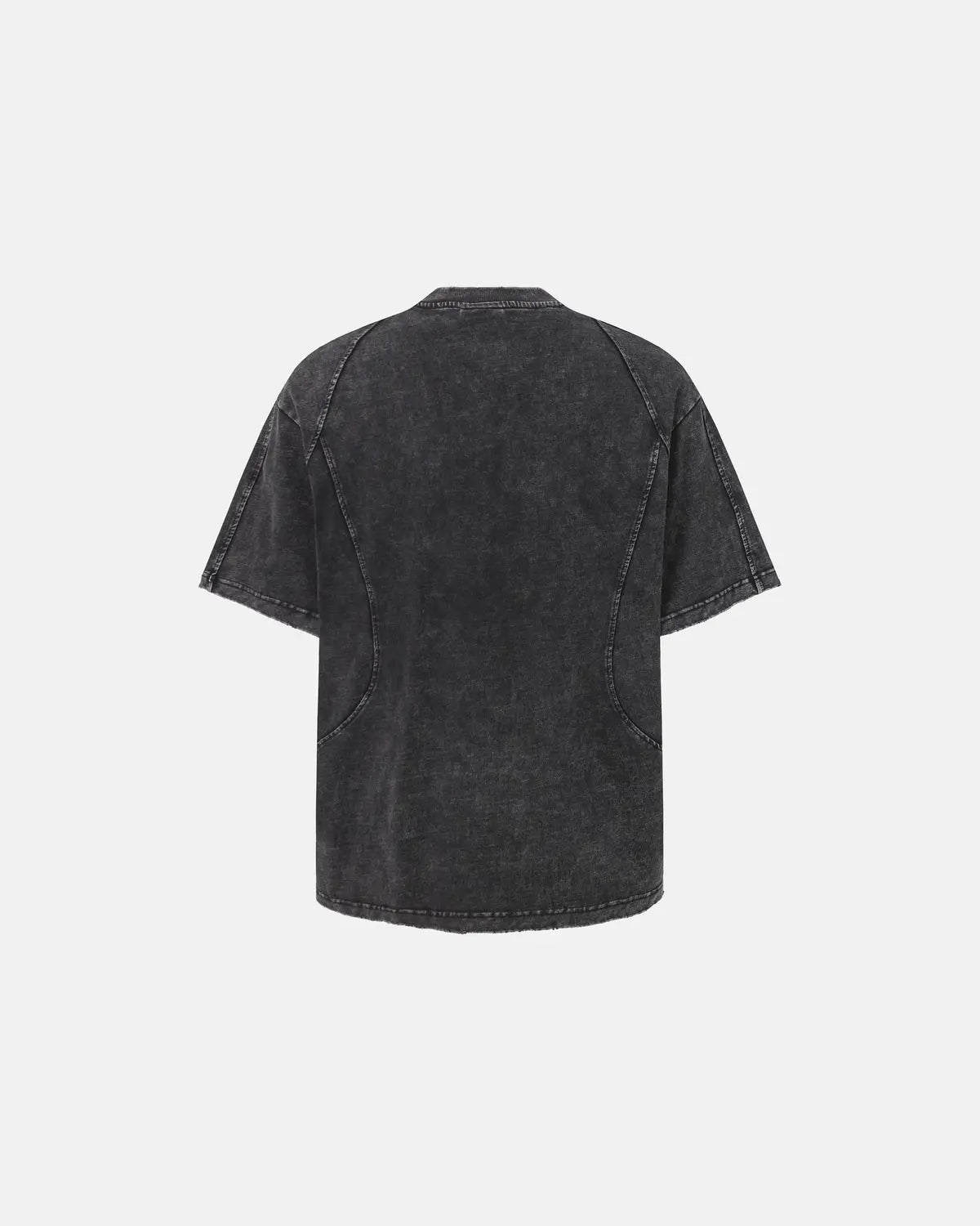 Distressed washed zip sleeve T-shirt by INFLATION, featuring a casual fit with ripped details and a front zipper, streetwear style.