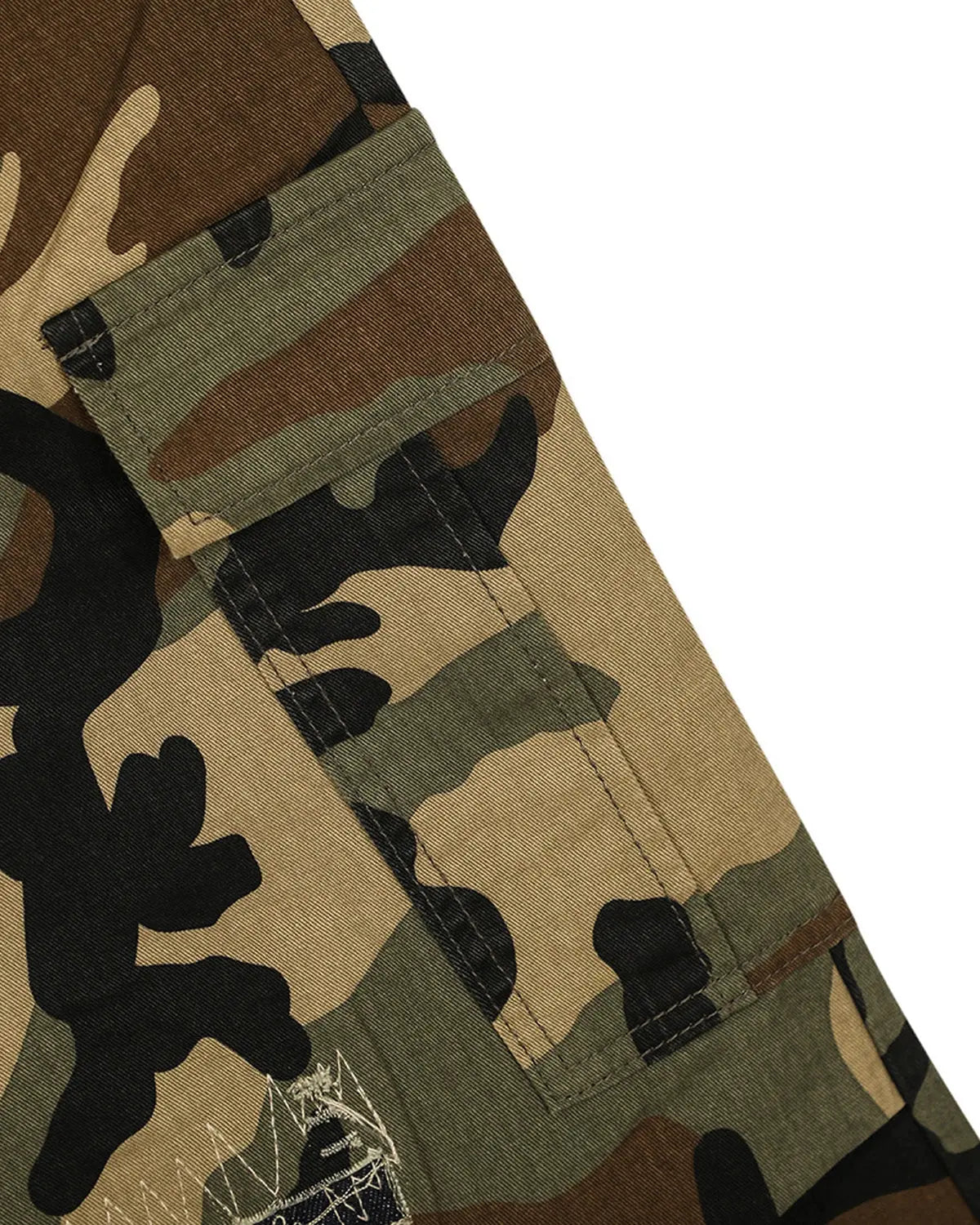 Inflation Camo Cargo Longline Shorts with multiple pockets, relaxed fit, and streetwear style in a camouflage pattern.