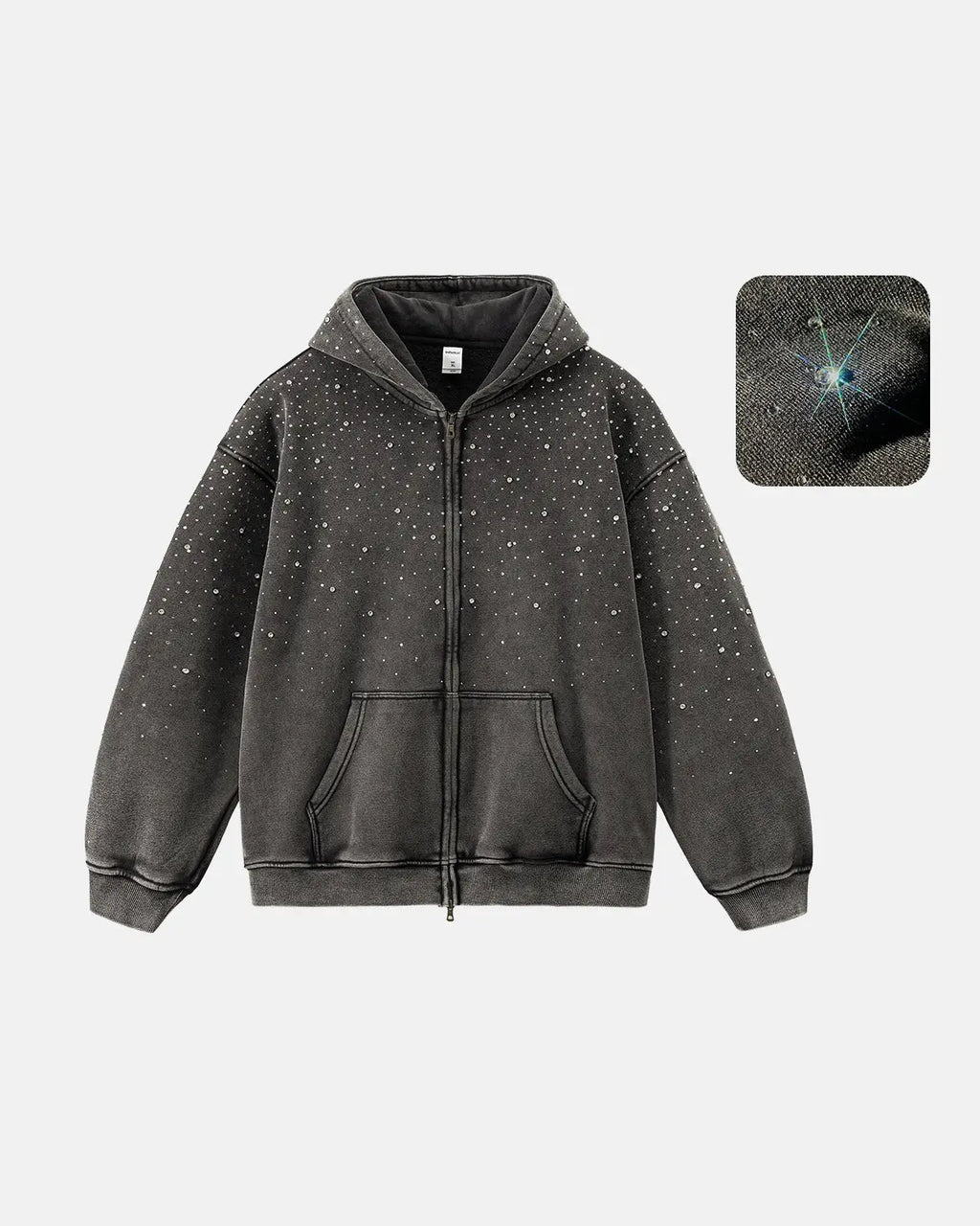 Inflation Streetwear distressed washed fleece hoodie with rhinestone zipper, casual zip-up hoodie with a trendy, worn-in look.