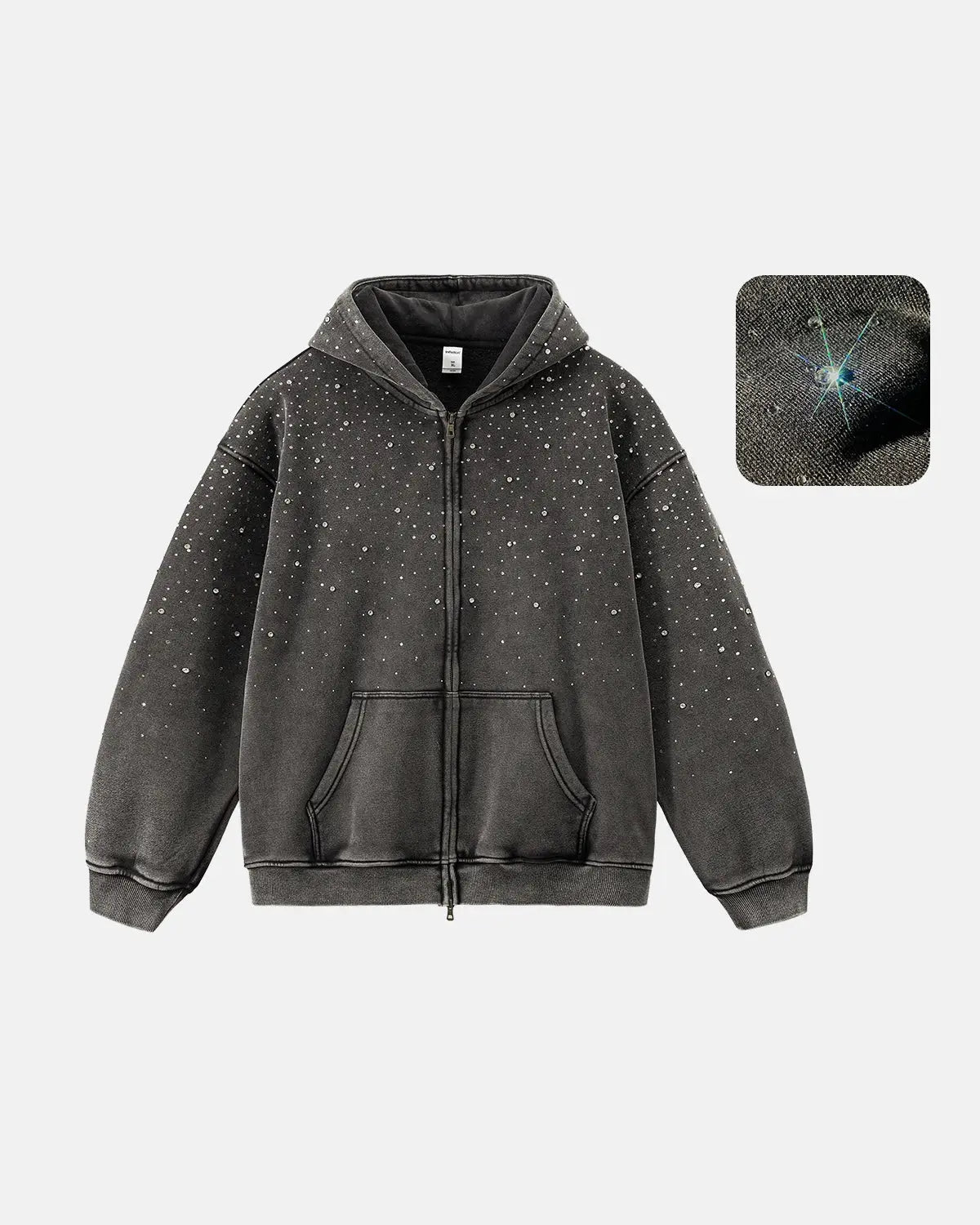 Distressed washed fleece rhinestone zip-up hoodie by INFLATION, featuring a casual streetwear style with rhinestone accents and a fitted hoodie.