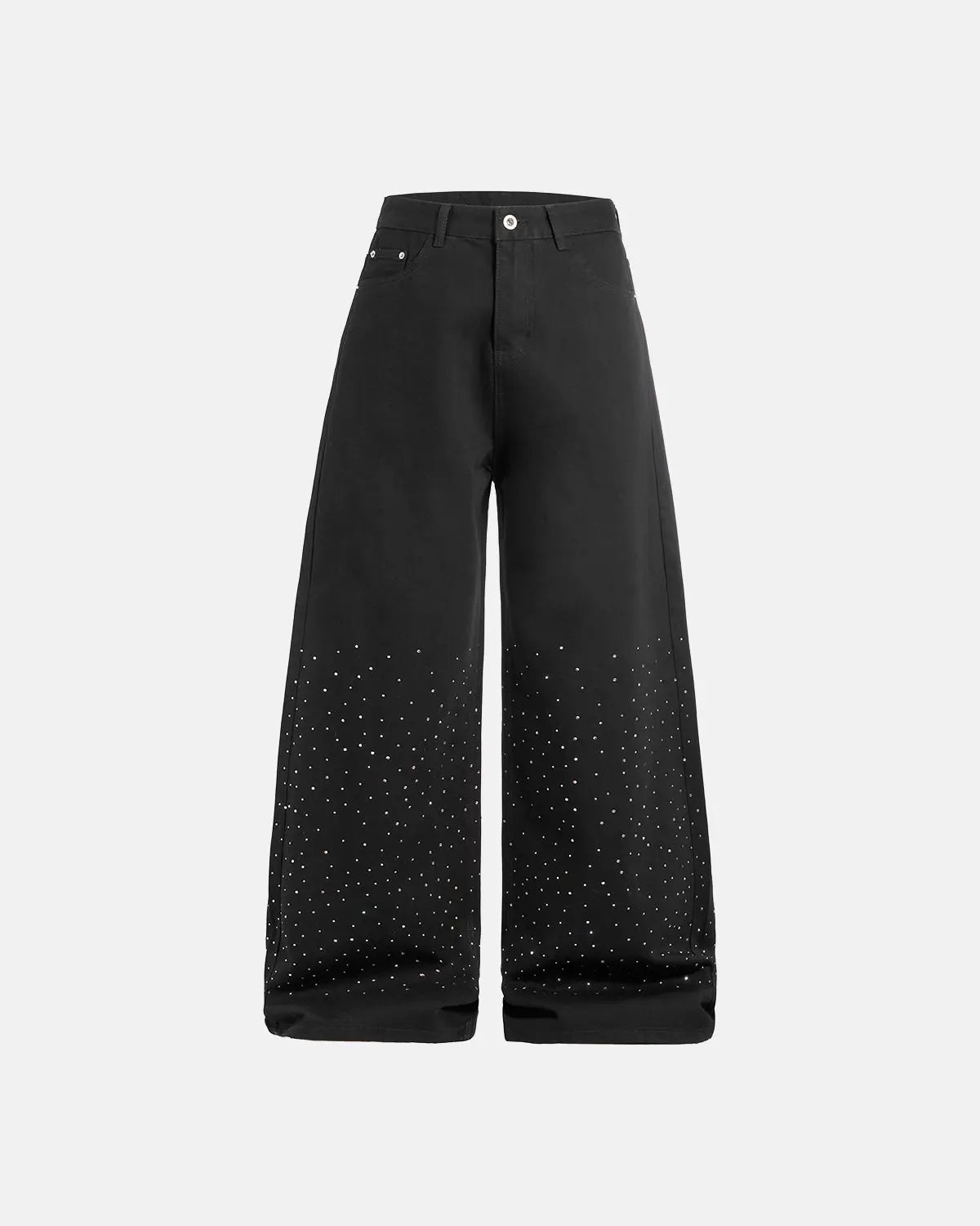 Chill Wide Leg Rhinestone Denim Pants by INFLATION featuring wide-leg fit and sparkling rhinestone embellishments.