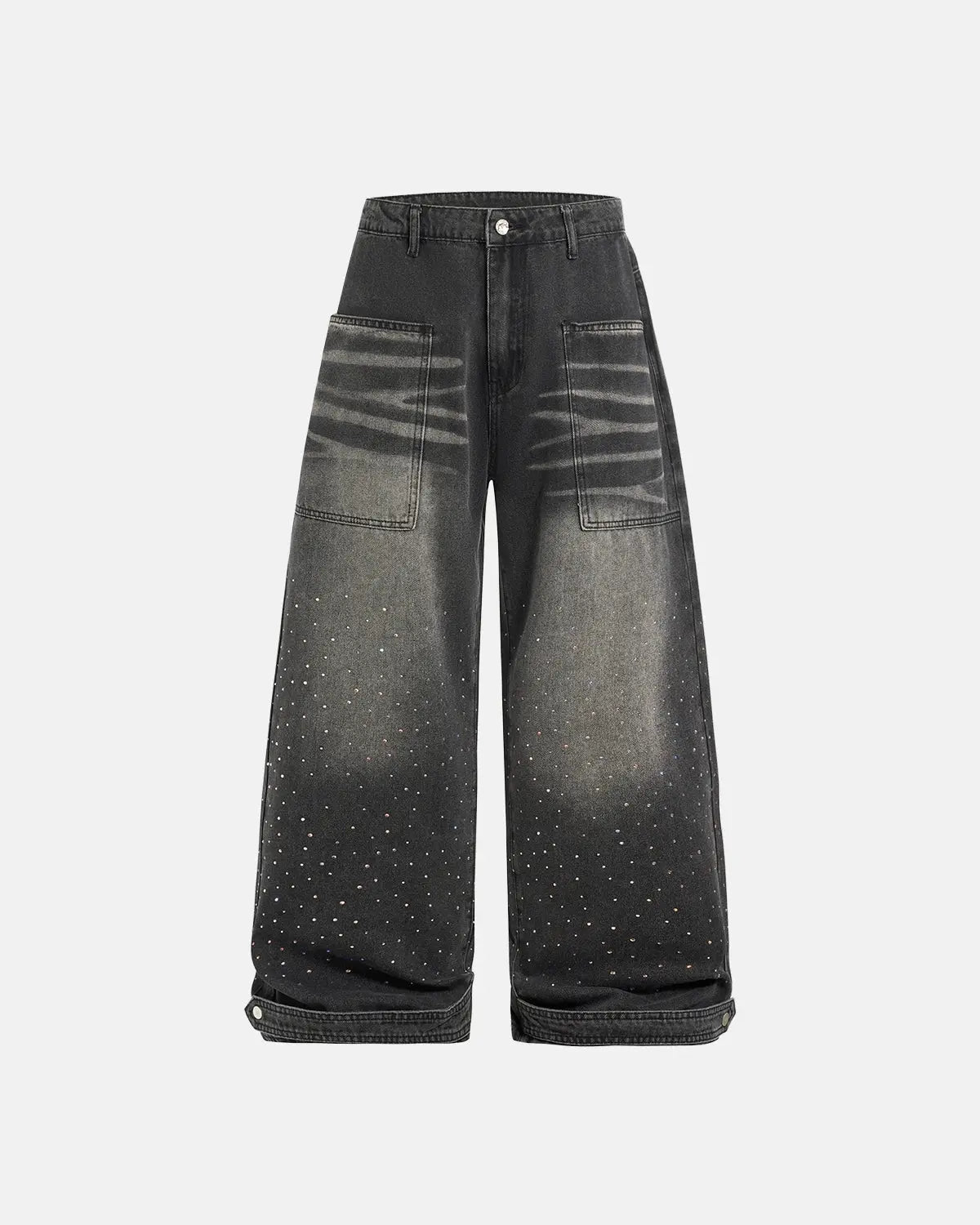 Colorful rhinestone wash baggy jeans by INFLATION with vibrant embellishments and relaxed fit, shown on a model.