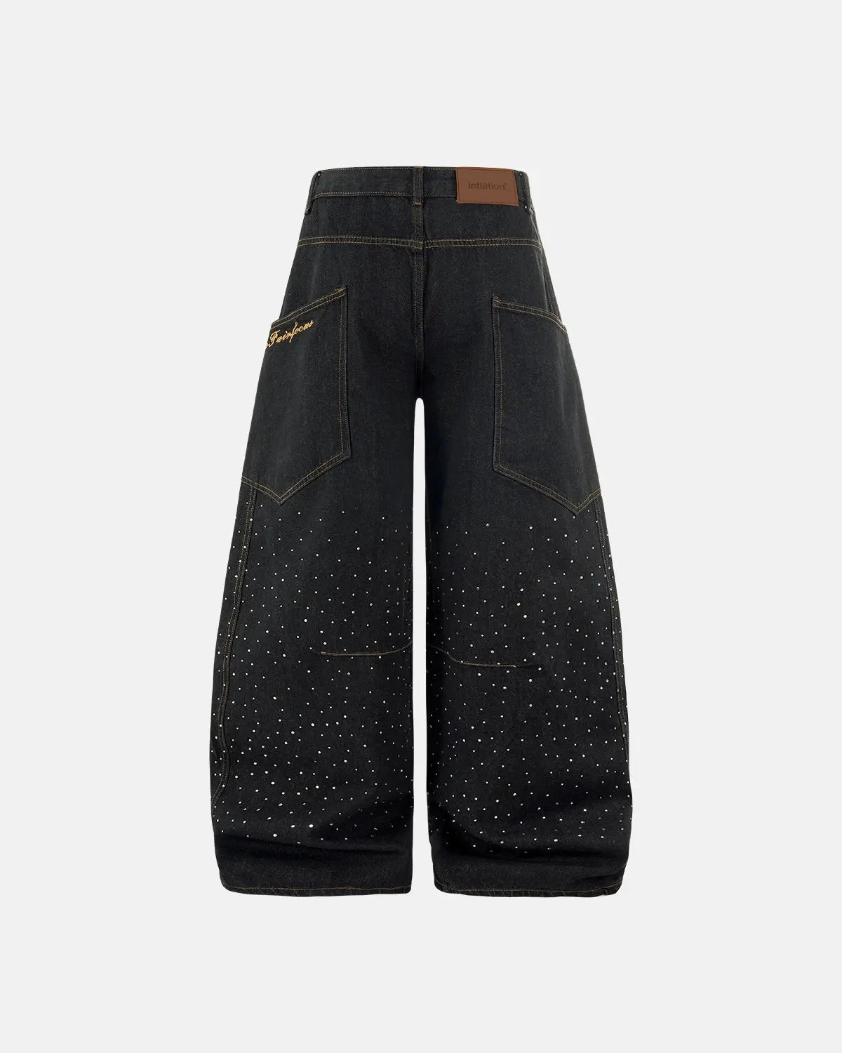 Colorful rhinestone raw barrel jeans by INFLATION featuring vibrant embellishments and distressed denim style.