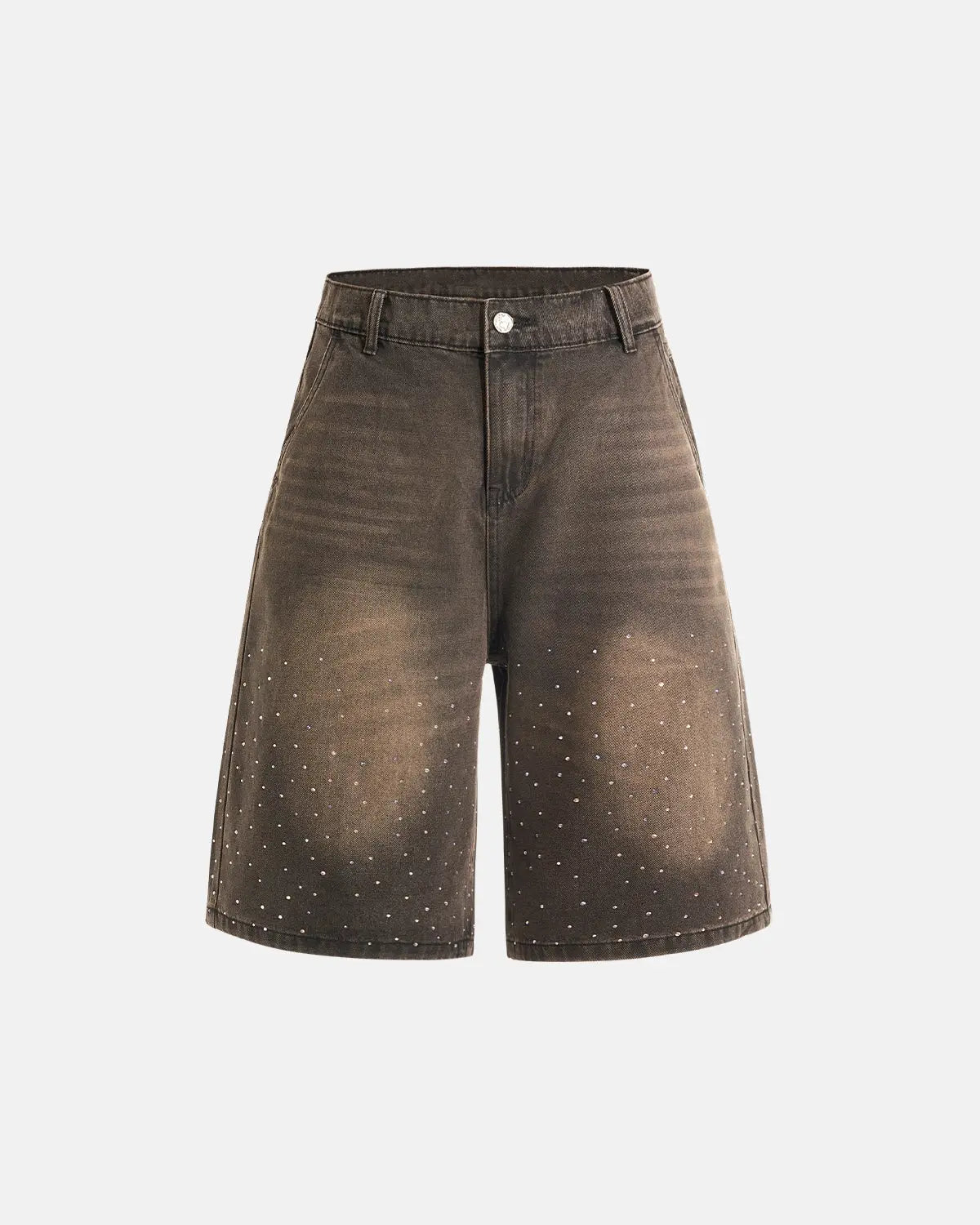 Colorful rhinestone washed jeans shorts by INFLATION, featuring vibrant embellishments and distressed denim for a streetwear look.