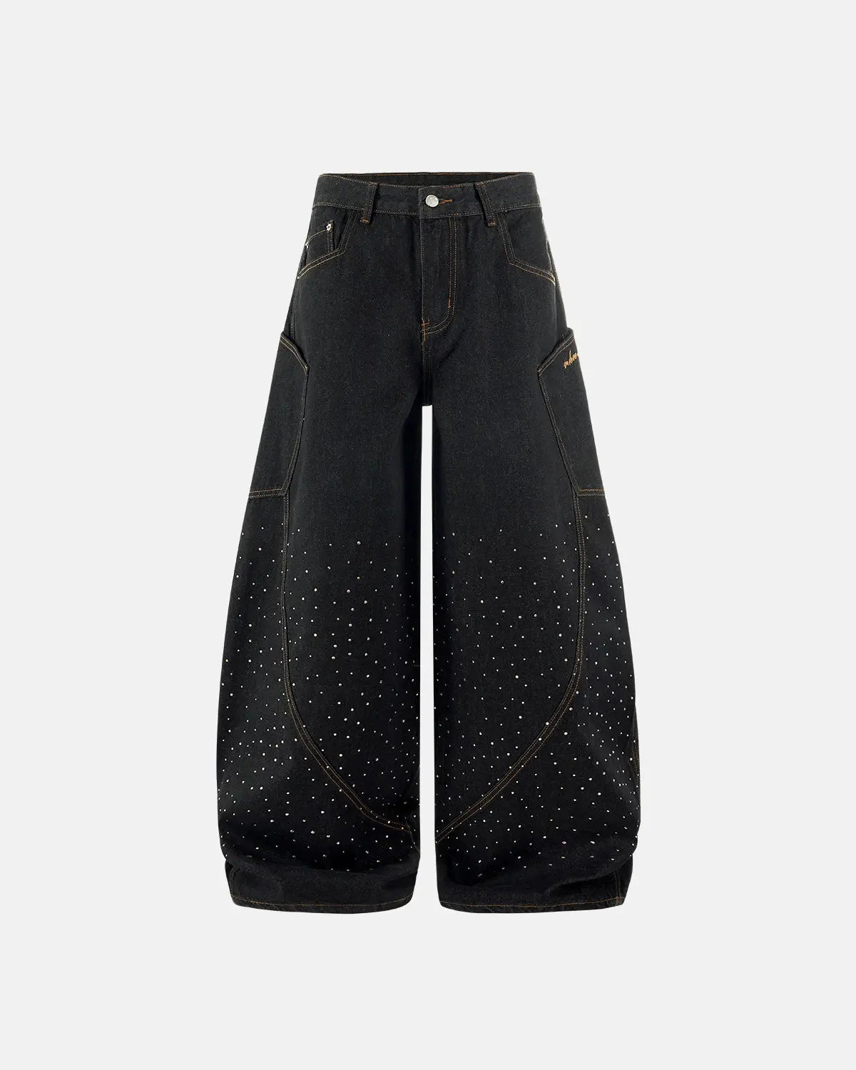 Colorful rhinestone raw barrel jeans by INFLATION featuring vibrant embellishments and a trendy streetwear style.