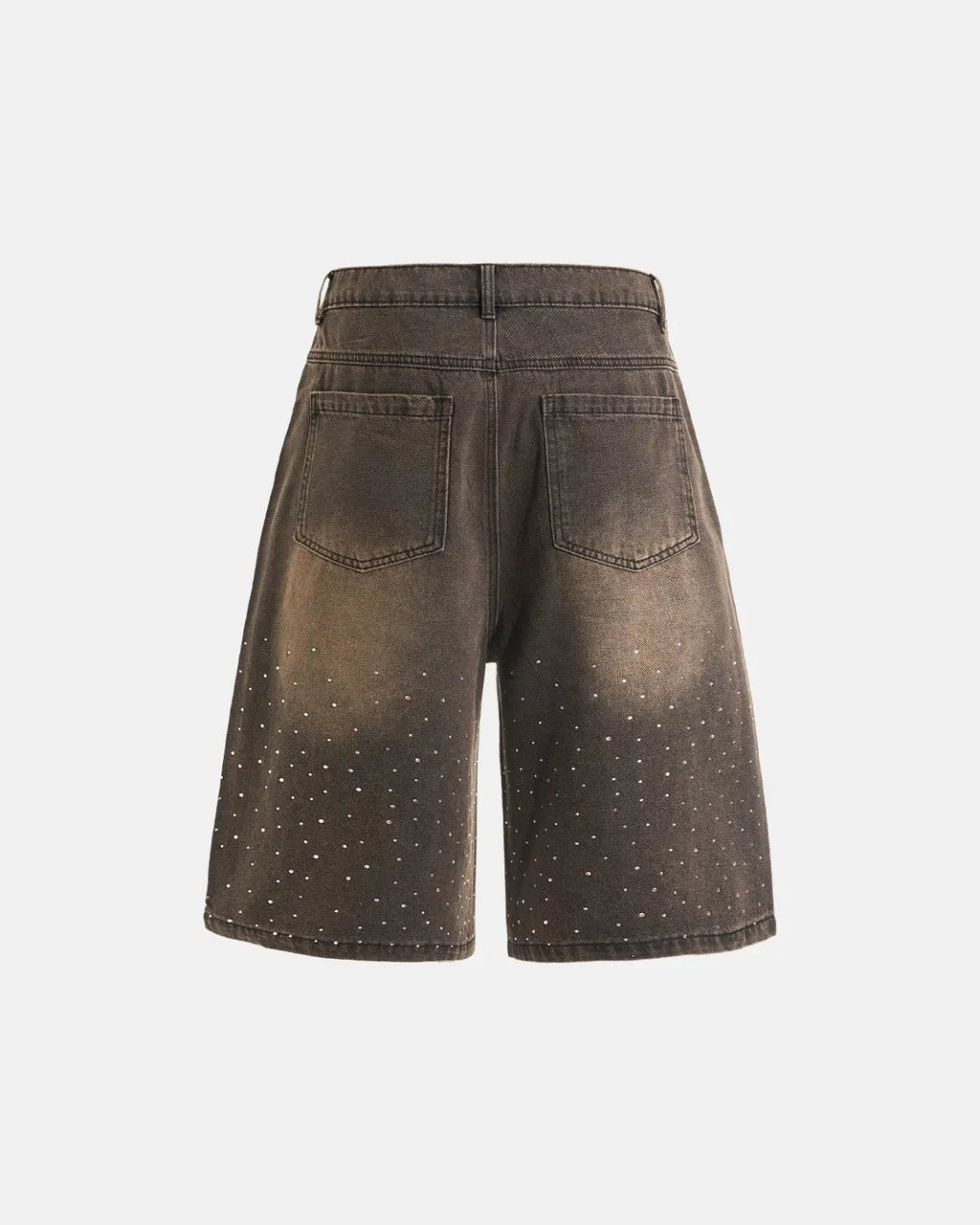 Colorful rhinestone washed jeans shorts by INFLATION featuring vibrant embellishments and distressed denim details.