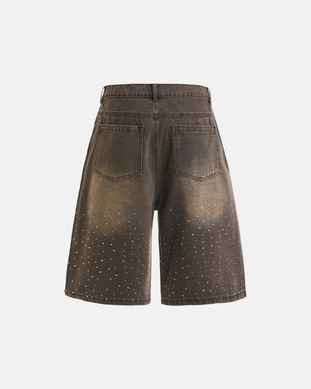 Colorful rhinestone washed jeans shorts by INFLATION featuring vibrant embellishments and distressed denim details.