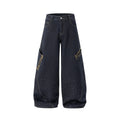 Leopard patch rhinestone barrel jeans by INFLATION featuring leopard print patches and rhinestone embellishments on denim.