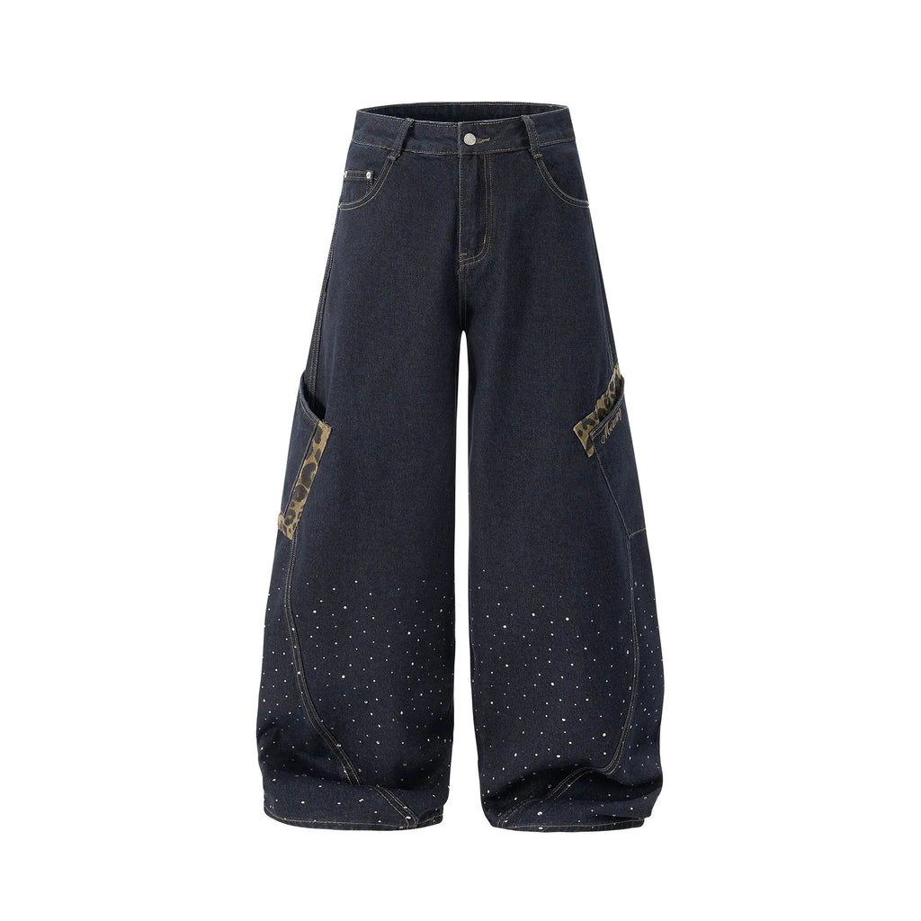 Leopard patch rhinestone barrel jeans by INFLATION featuring bold animal print and sparkling rhinestone details.