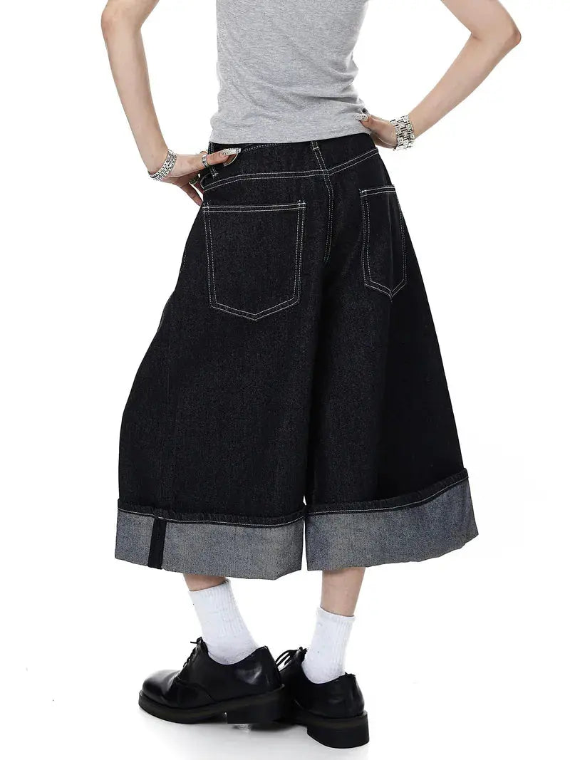 Inflation streetwear raw denim jorts with buckle detail, casual men's pants featuring distressed finish and frayed hems.