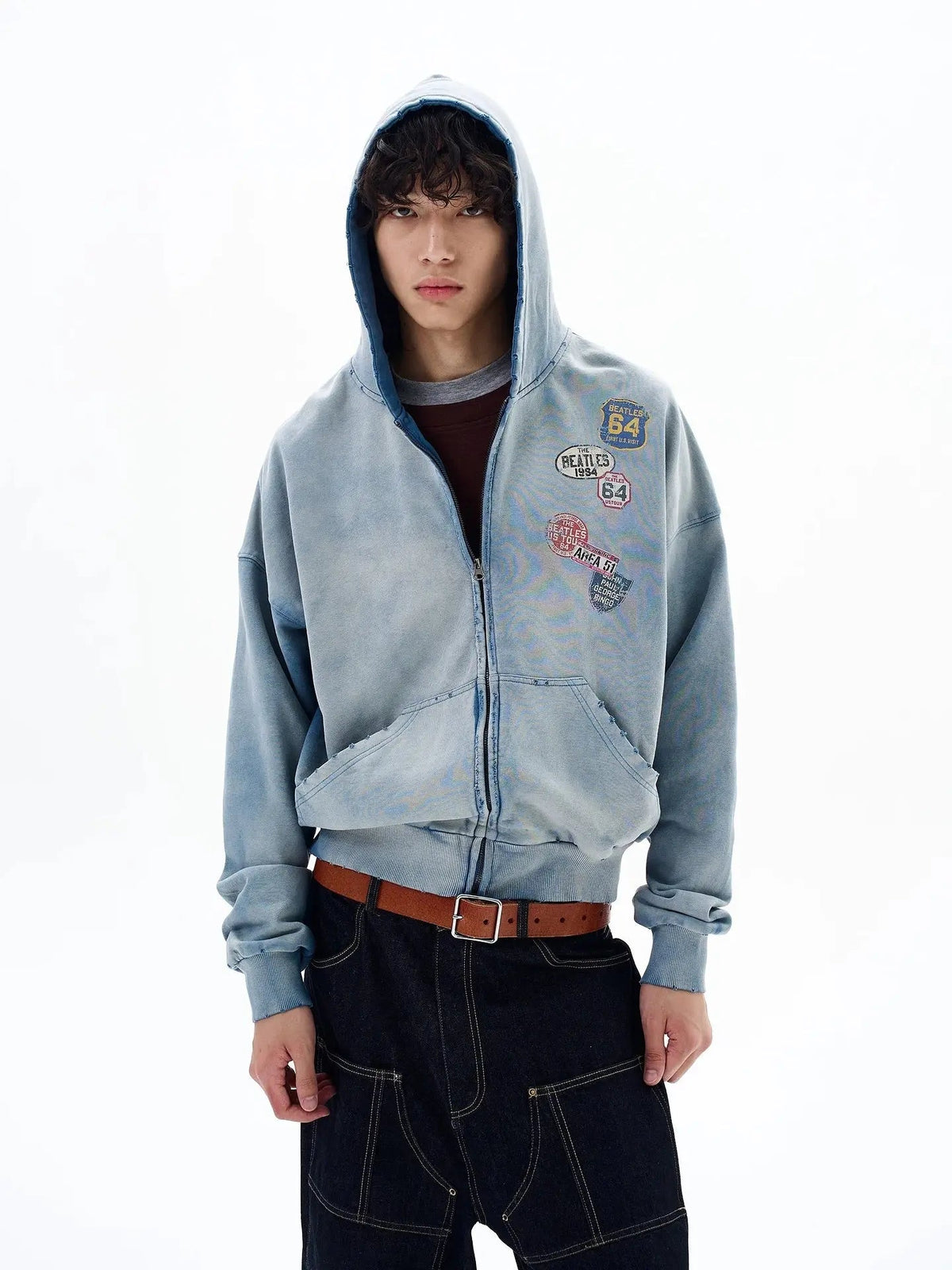 Blue distressed acid wash zip-up hoodie by INFLATION Streetwear with a casual fit and front pockets.