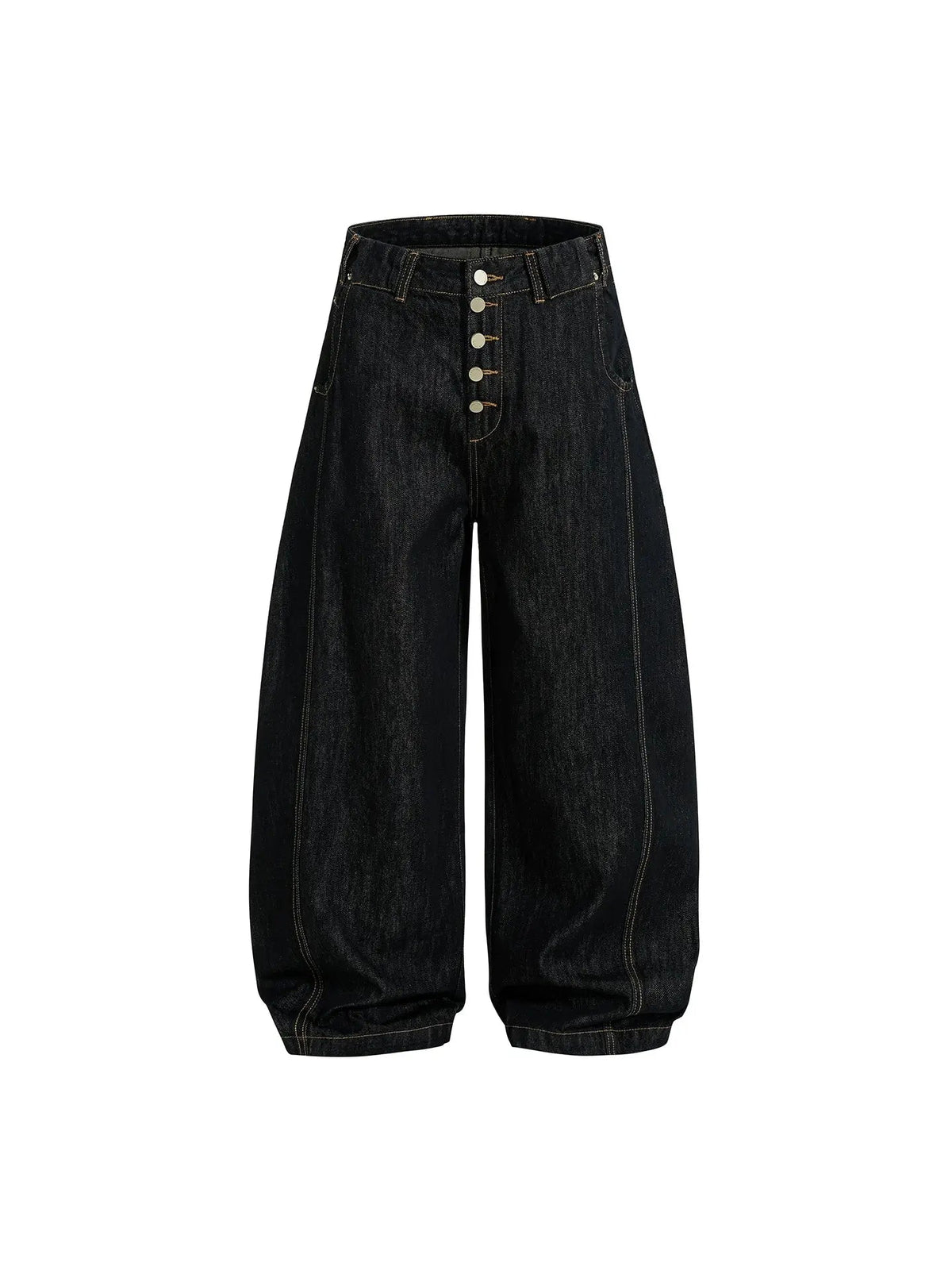 Black buttons-up barrel baggy jeans by INFLATION Streetwear, featuring a relaxed fit and stylish design with visible button details.