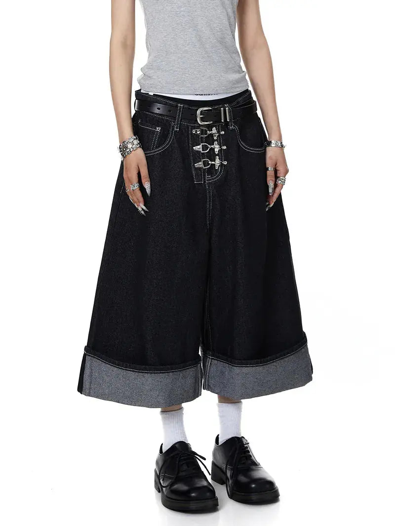 Inflation Buckle Detail Raw Denim Jorts, casual pants with distressed finish and metal buckle accents, men's streetwear denim shorts