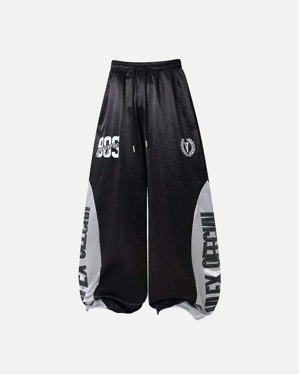 Glossy black contrast barrel sweatpant by INFLATION, featuring a modern streetwear style and a sleek, shiny finish.