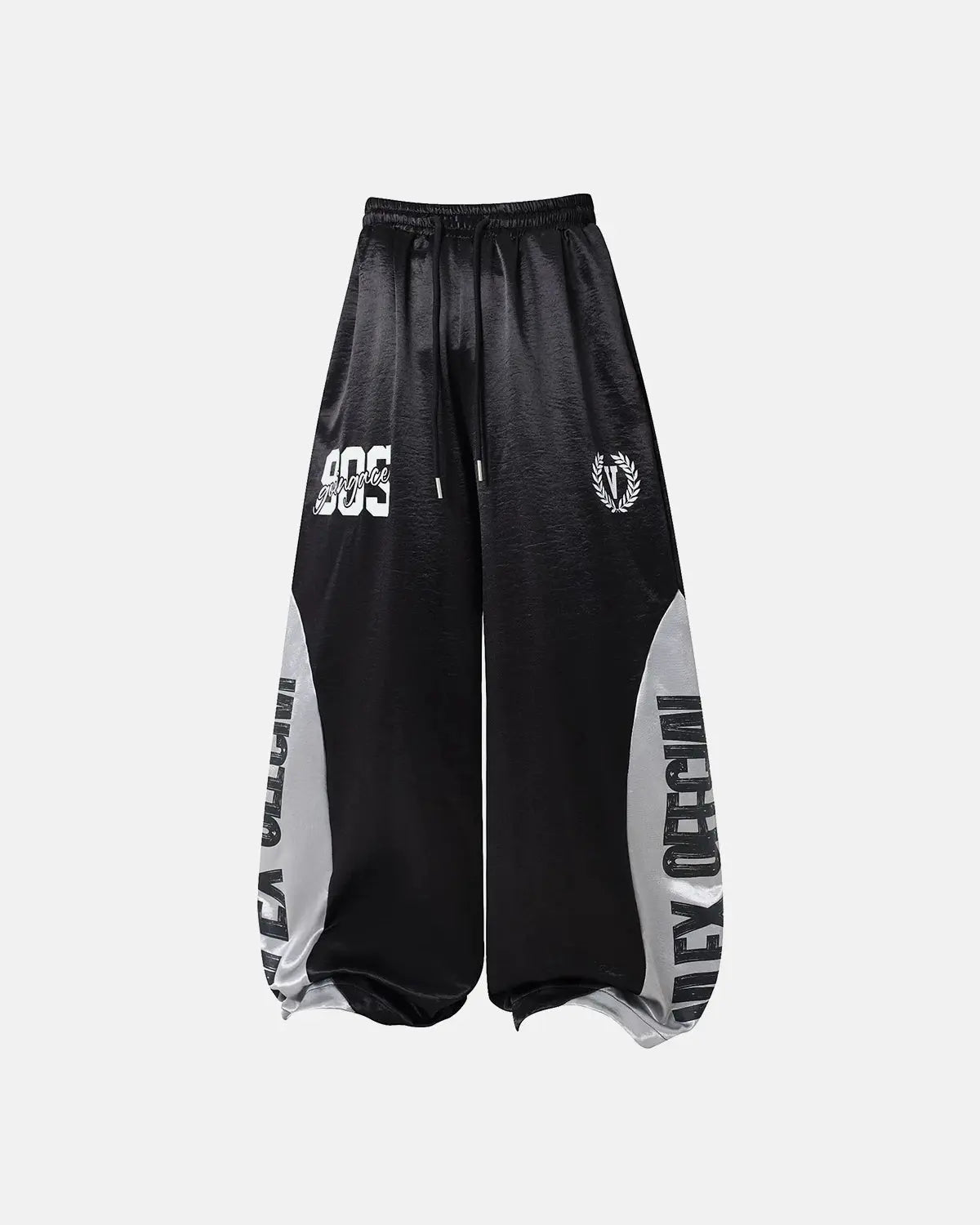 Glossy contrast barrel sweatpants by INFLATION featuring a shiny finish and relaxed fit, shown laid flat with waist and leg details.