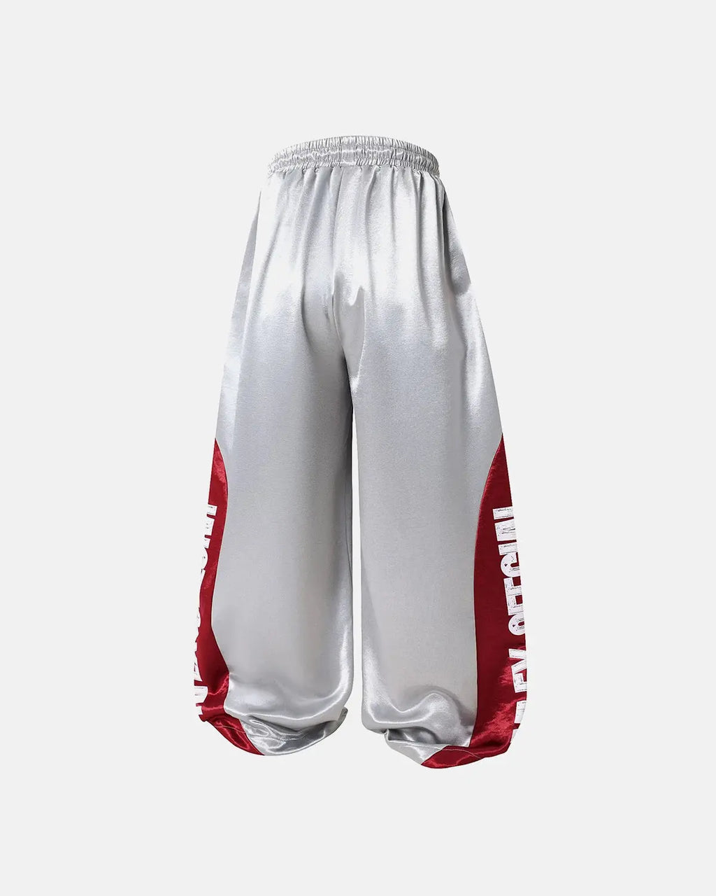 Glossy contrast barrel sweatpant by INFLATION featuring a stylish streetwear design with dark and shiny fabric details.