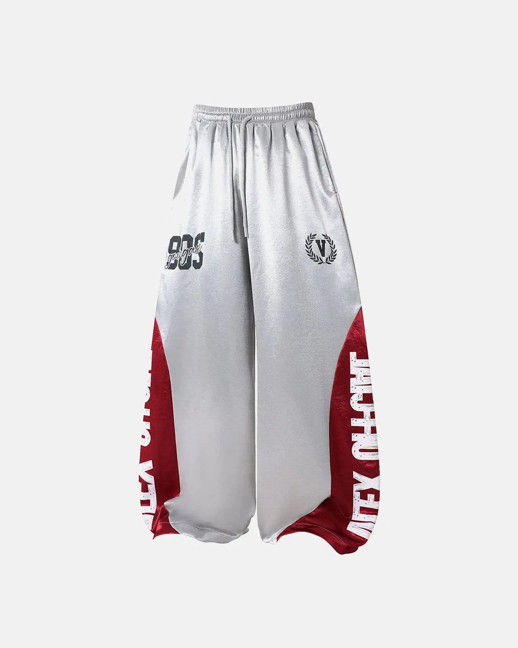 Glossy black contrast barrel sweatpant by INFLATION, featuring a sleek design and comfortable fit, shown laid flat in the image.