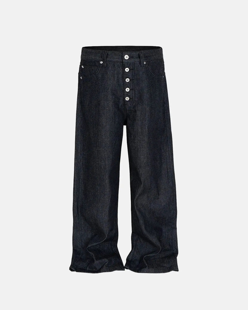 Inflation Streetwear Buttons Up Raw Baggy Jeans with relaxed fit, showcased on a model, featuring button details and distressed denim.