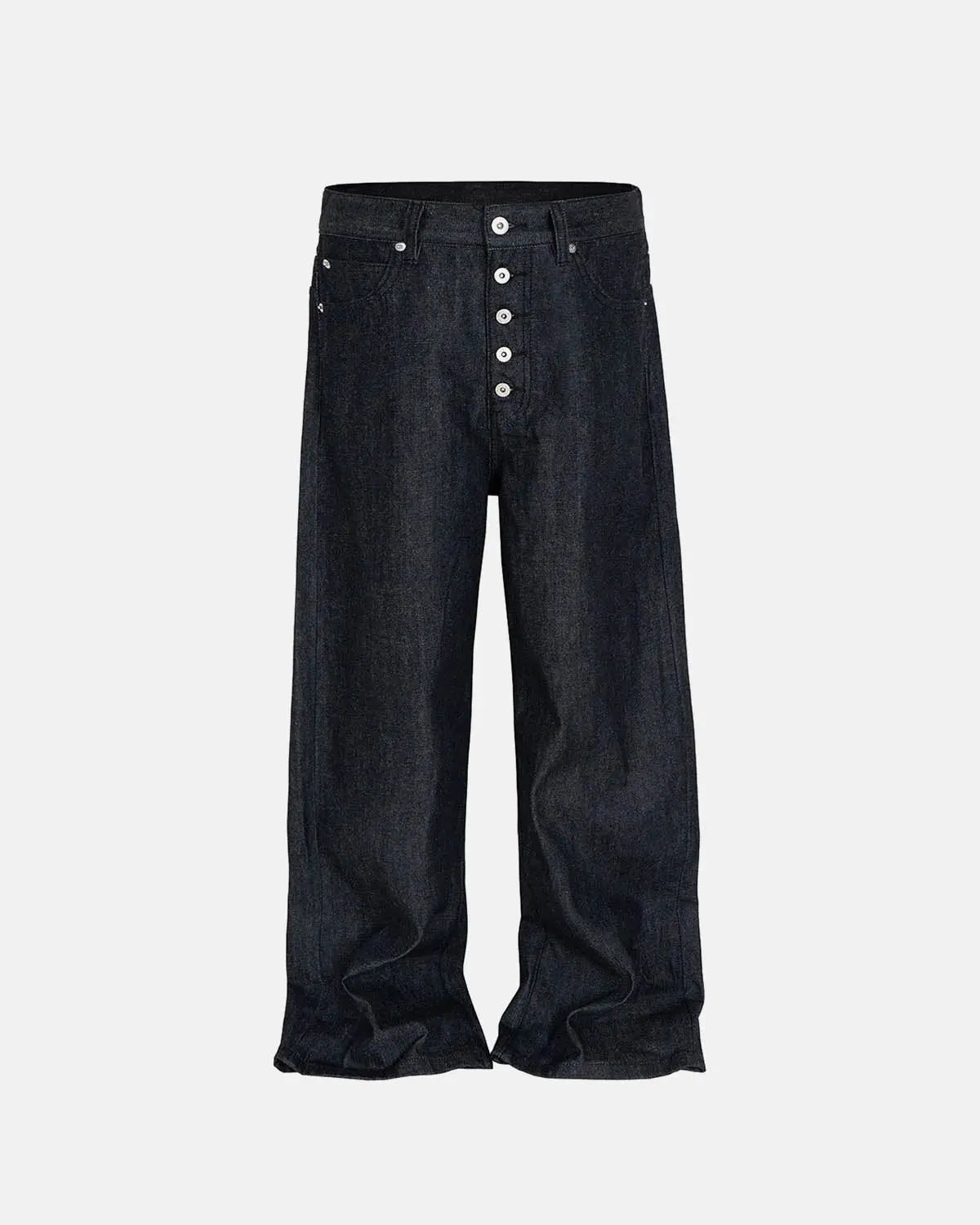 Inflation Streetwear Buttons Up Raw Baggy Jeans with relaxed fit, showcased on a model, featuring button details and distressed denim.