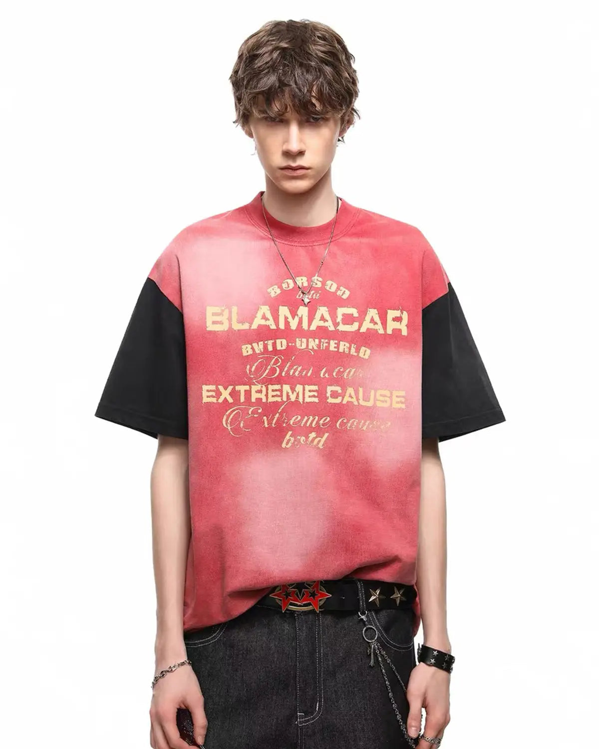 Inflation Streetwear patchwork washed graphic T-shirt with colorful mixed fabric panels and bold printed design.