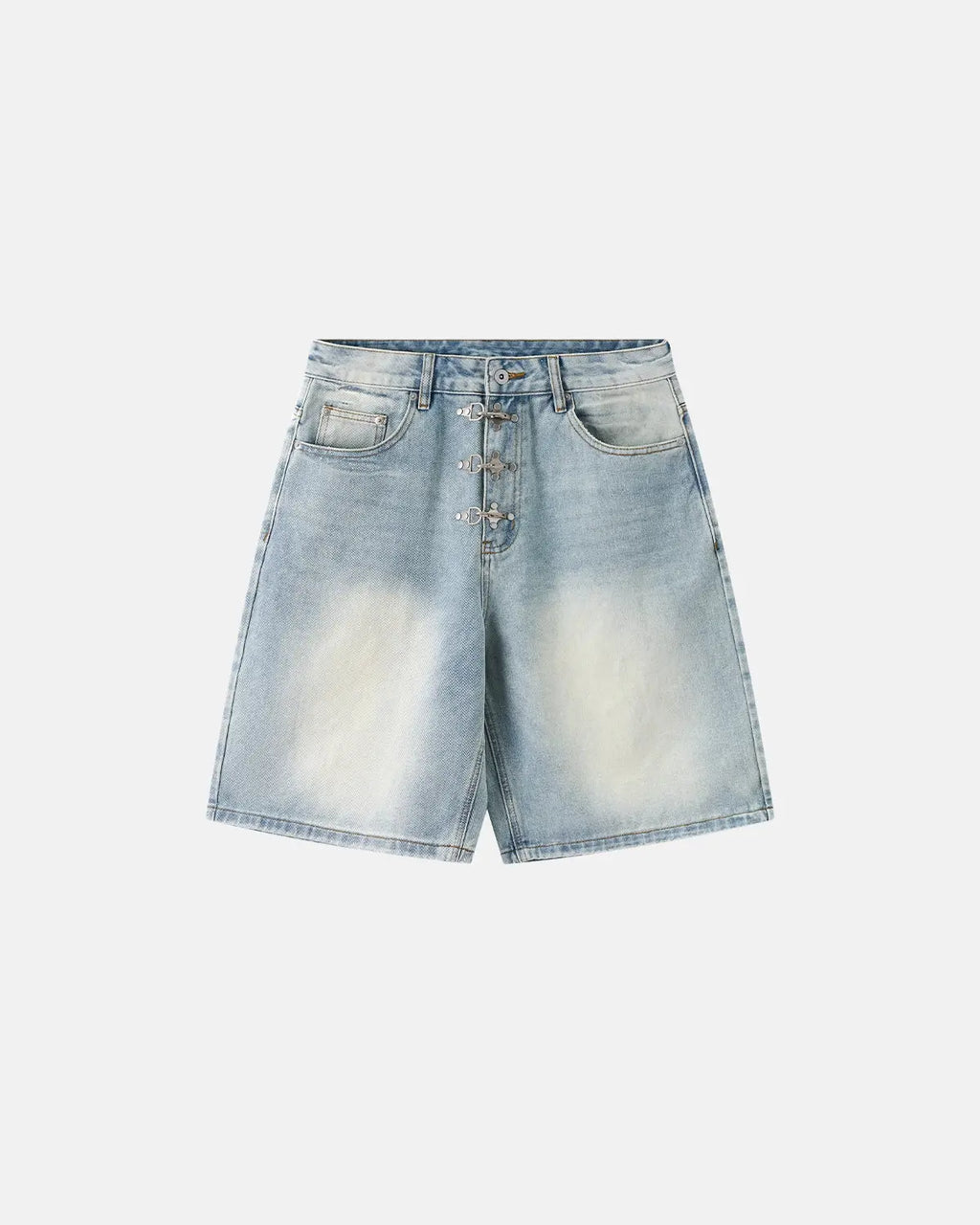 Metal clasp baggy jorts by INFLATION featuring distressed denim, loose fit, and metal hardware on casual streetwear shorts.