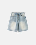 Metal clasp baggy jorts by INFLATION featuring distressed denim, loose fit, and metal hardware on casual streetwear shorts.