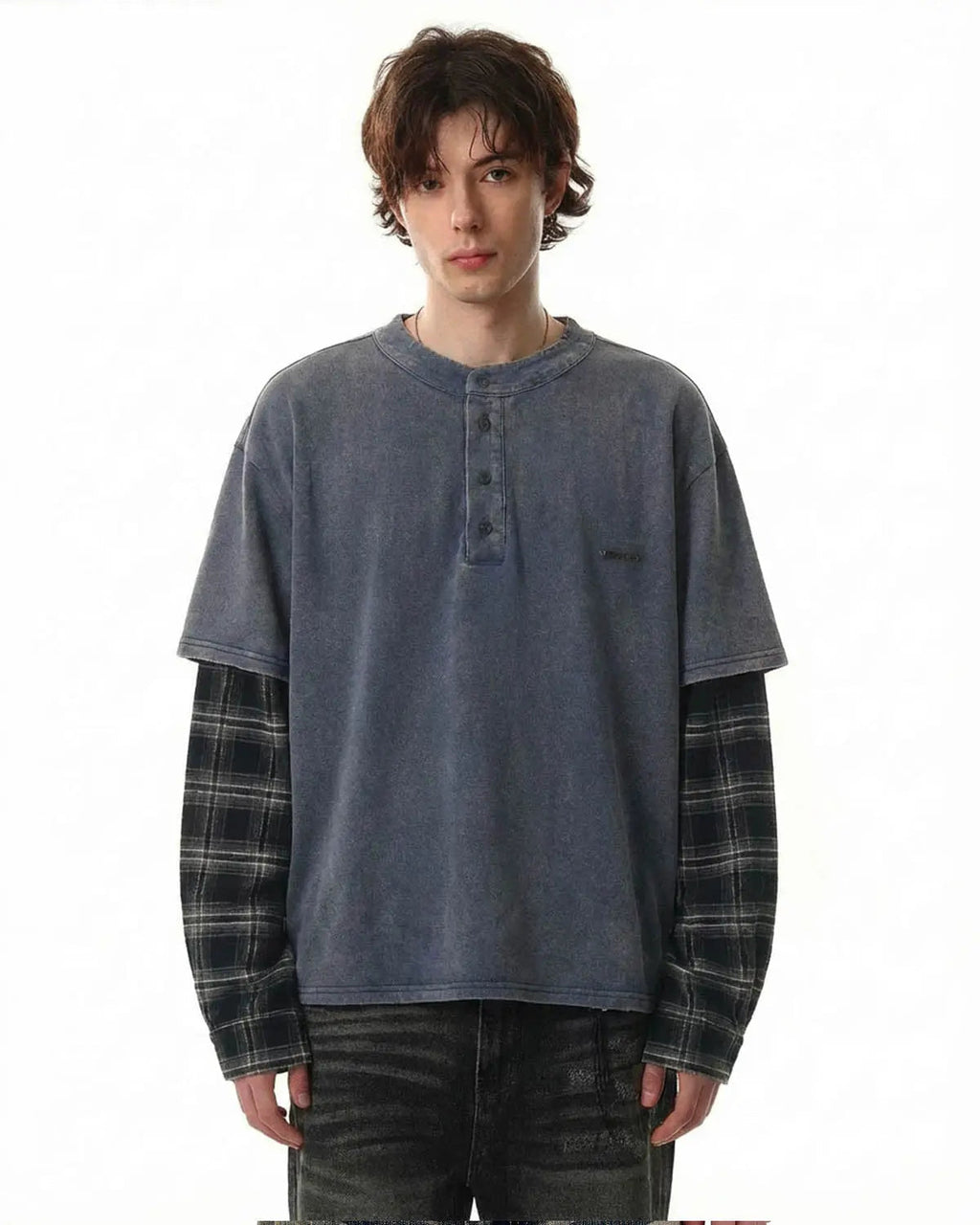 Distressed plaid layered long sleeve tee from Inflation Streetwear featuring a casual, stylish plaid pattern and layered design.
