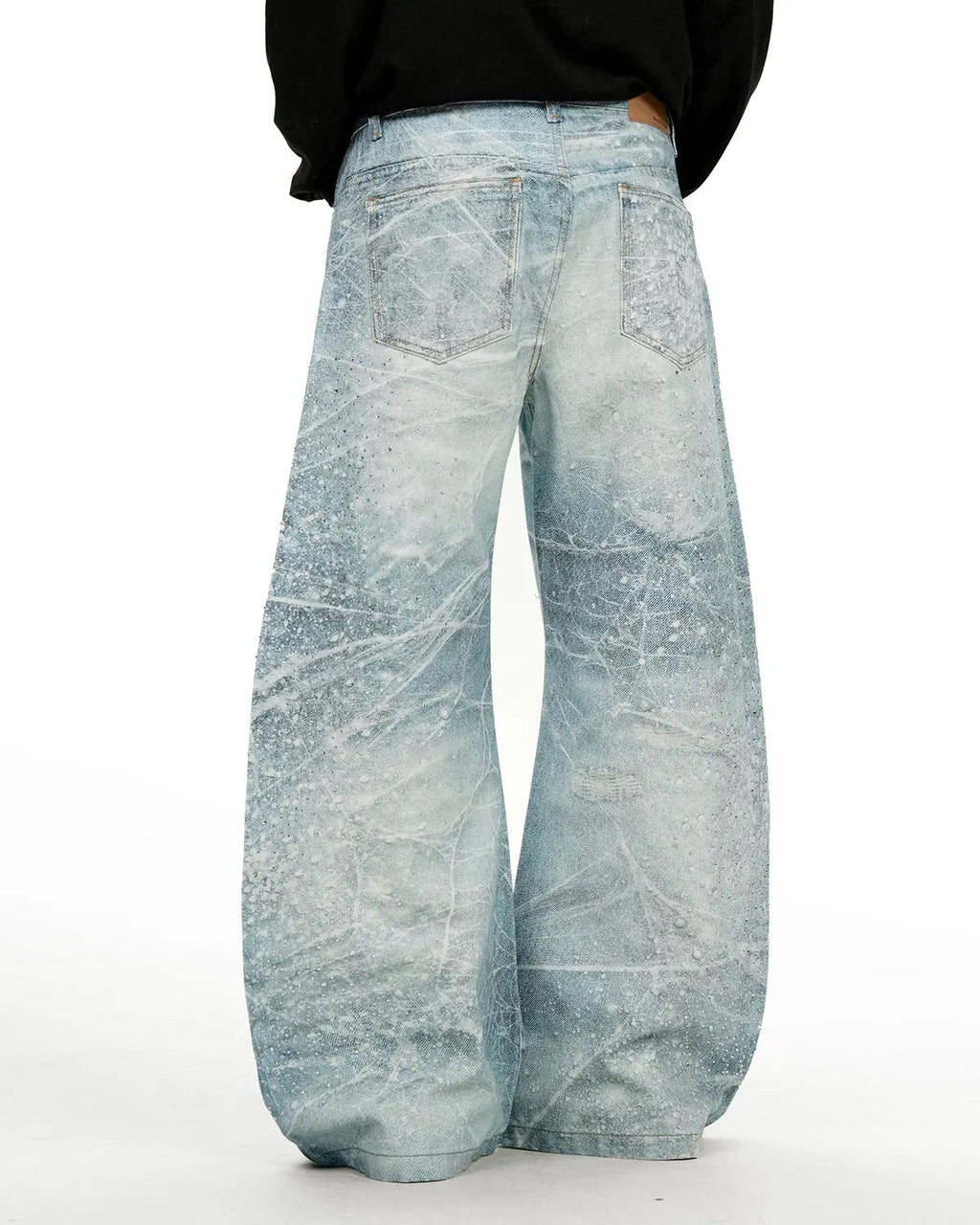 Rhinestone Lightning Baggy Barrel Jeans by INFLATION featuring rhinestone lightning bolt design and relaxed streetwear style.