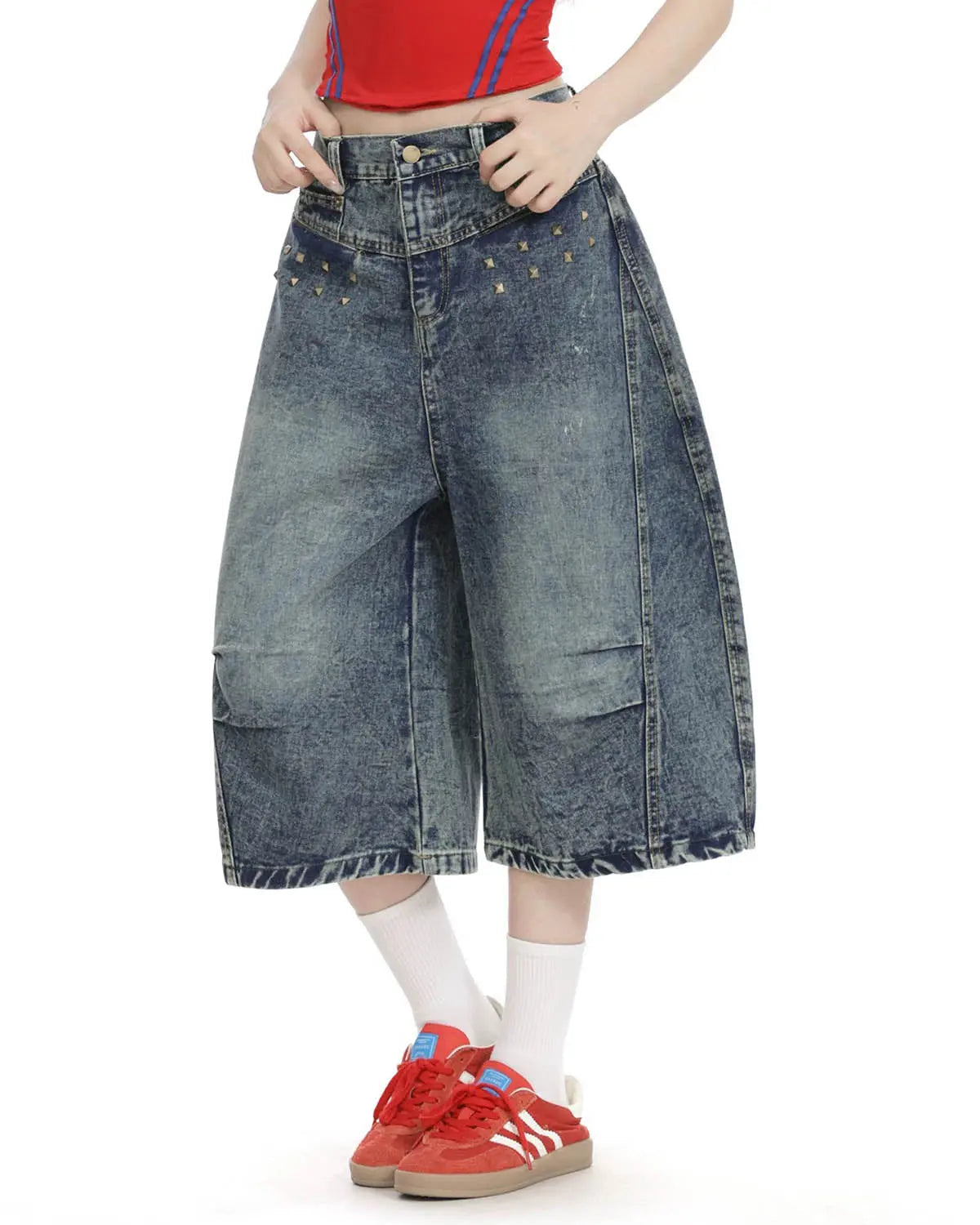 Inflation Streetwear studded washed long baggy jorts pants with distressed details and metal studs, relaxed fit denim shorts.