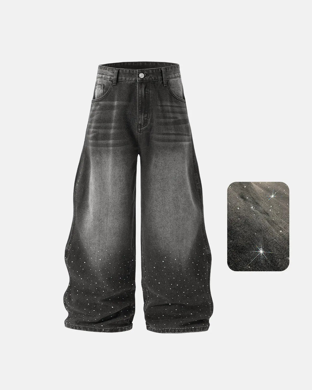 Rhinestone wavy baggy jeans by INFLATION featuring a streetwear style with rhinestone embellishments and a relaxed fit.