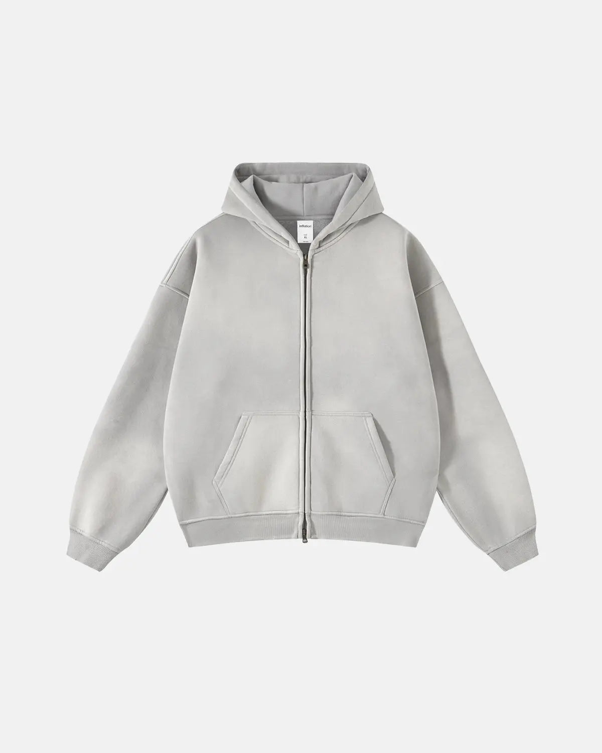 Inflation washed distressed fleece zip-up hoodie with a casual fit, featuring a hood, front zipper, and a distressed, vintage look.