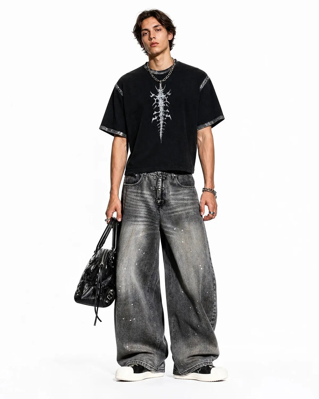 Inflation Streetwear metal clasp washed barrel jeans, men's casual pants with distressed denim and rugged style.