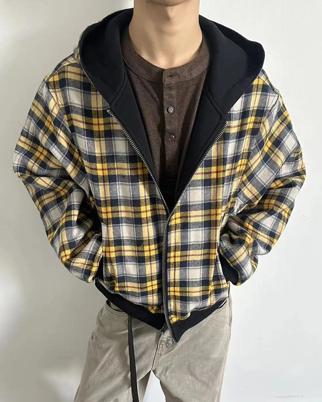 Yellow plaid reversible zip-up hoodie from INFLATION Streetwear, showing the front view with zipper and plaid pattern.
