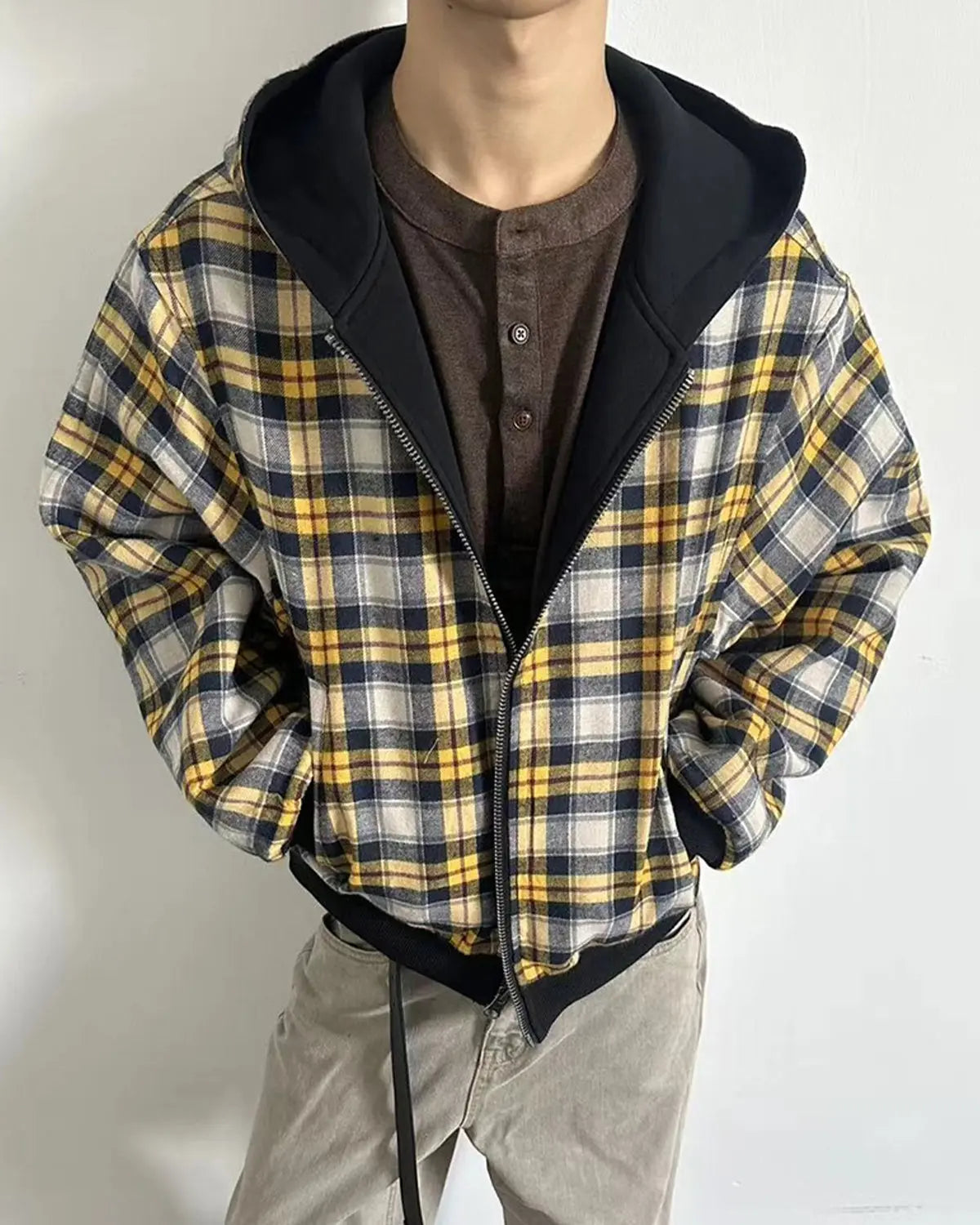Yellow plaid reversible zip-up hoodie from INFLATION Streetwear, showing the front view with zipper and plaid pattern.