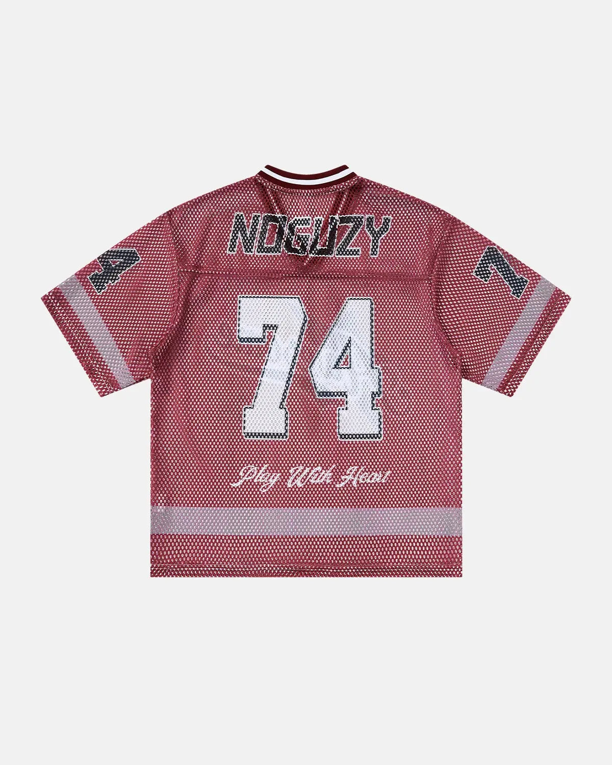 V-neck graphic mesh jersey by INFLATION featuring bold streetwear design with breathable mesh fabric.
