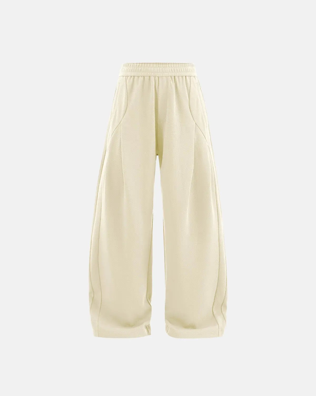 Deconstructed wide-leg sweatpants by INFLATION featuring loose fit, layered design, and streetwear style in neutral tones.