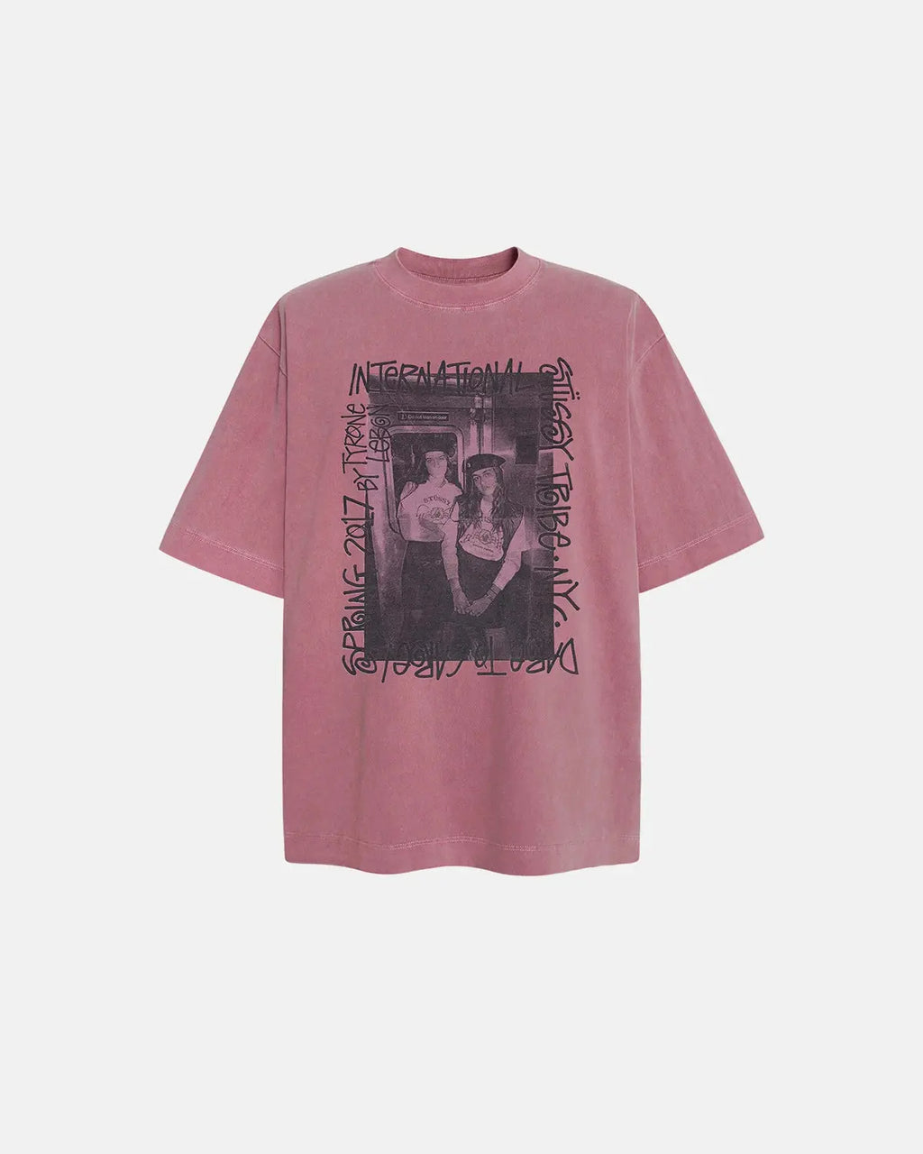 Vintage graphic washed oversized T-shirt by INFLATION featuring bold print and relaxed fit, displayed on a hanger against a neutral background.