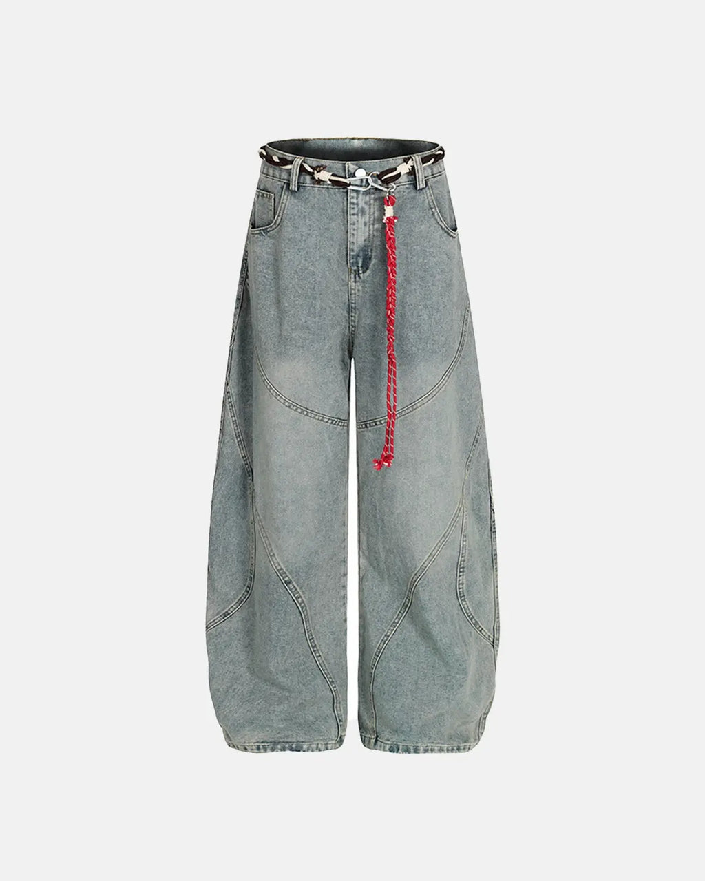 Acid wash stitching baggy jeans by INFLATION with distressed details and relaxed fit, showcasing the denim's texture and stitching.