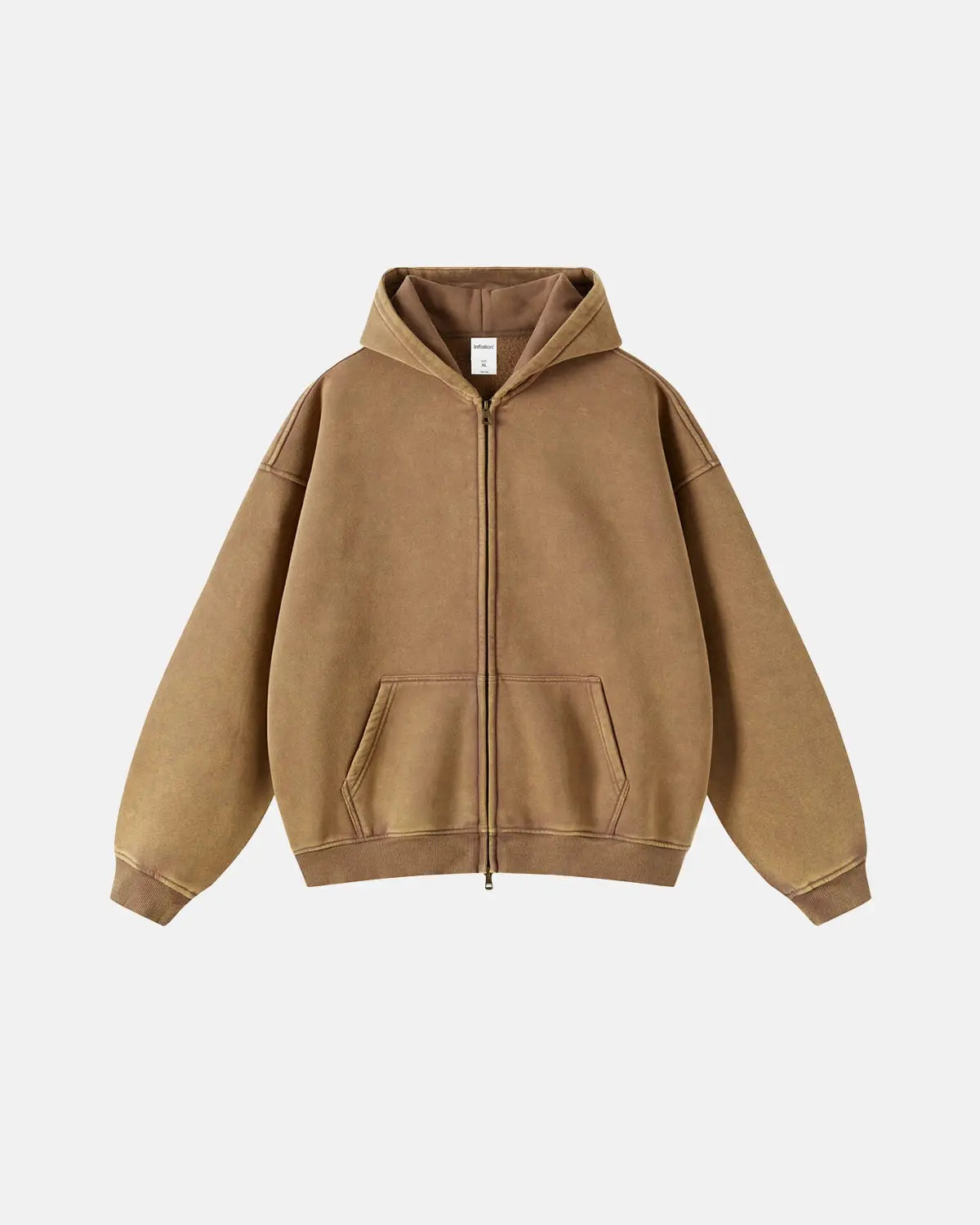 Acid washed distressed fleece zip-up hoodie by INFLATION featuring a casual streetwear style and a relaxed fit.