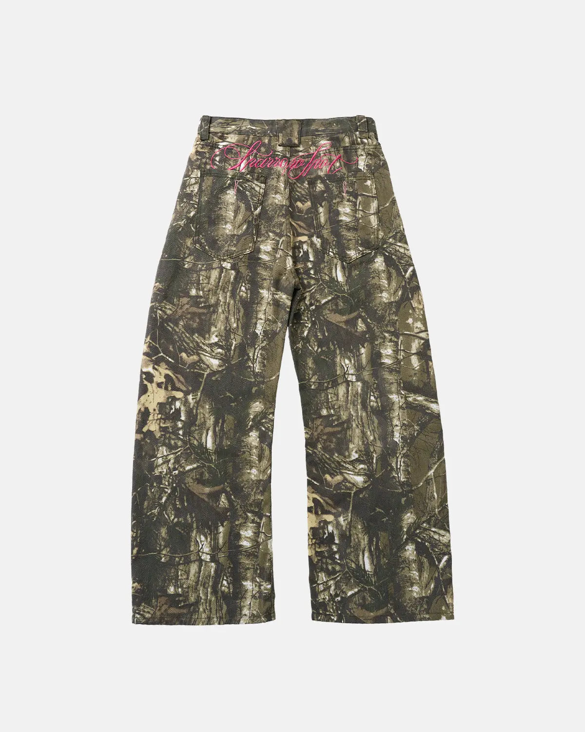 Pink embroidered camo baggy pants from INFLATION Streetwear, featuring a relaxed fit with intricate embroidery details.